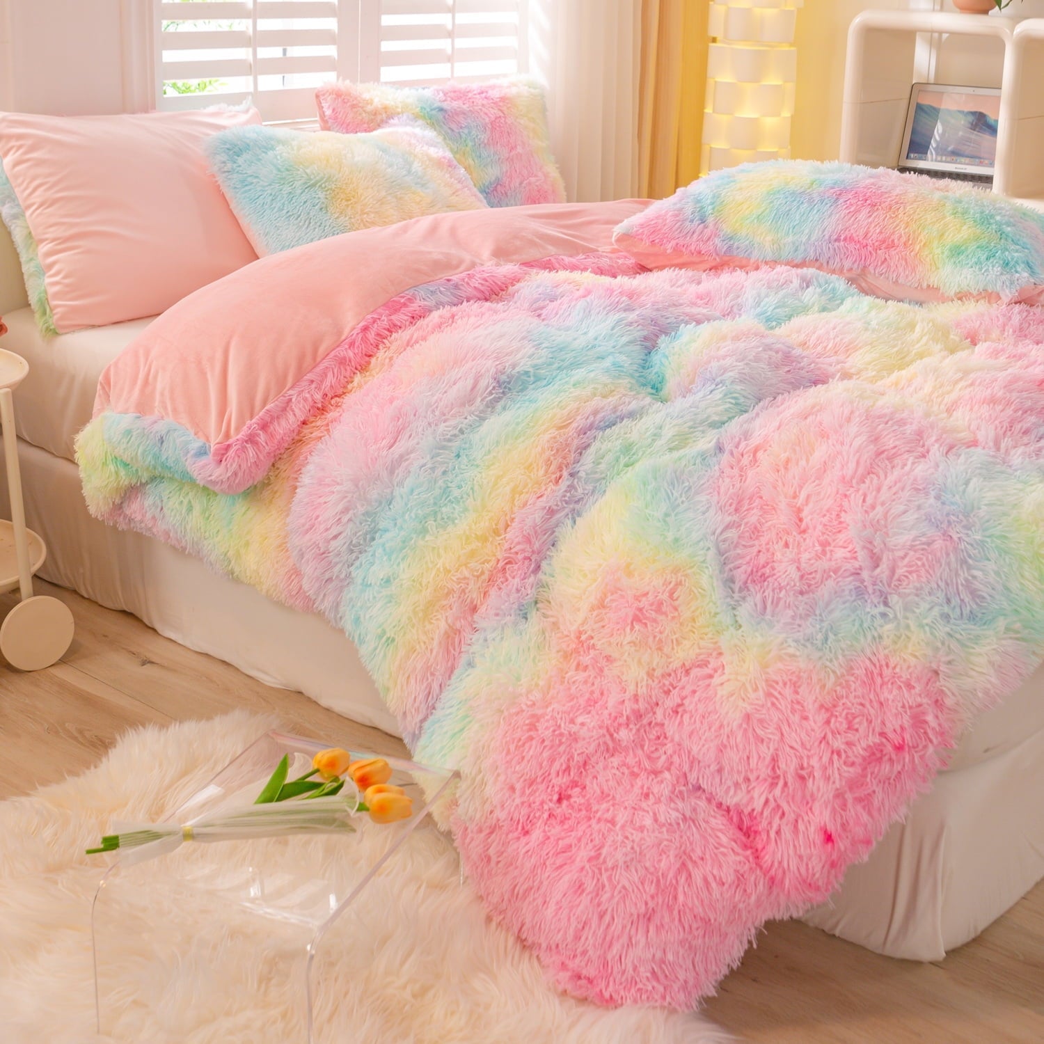 Heavyweight Warmth 3Pcs Pink Faux Fur Twin Comforter Set for Girls Tie Dye Rainbow Kid Bed Set Plush Shaggy Bedding Sets Fuzzy Bed Comfo... - All-Season Down Alternative Comforter Insert Detail