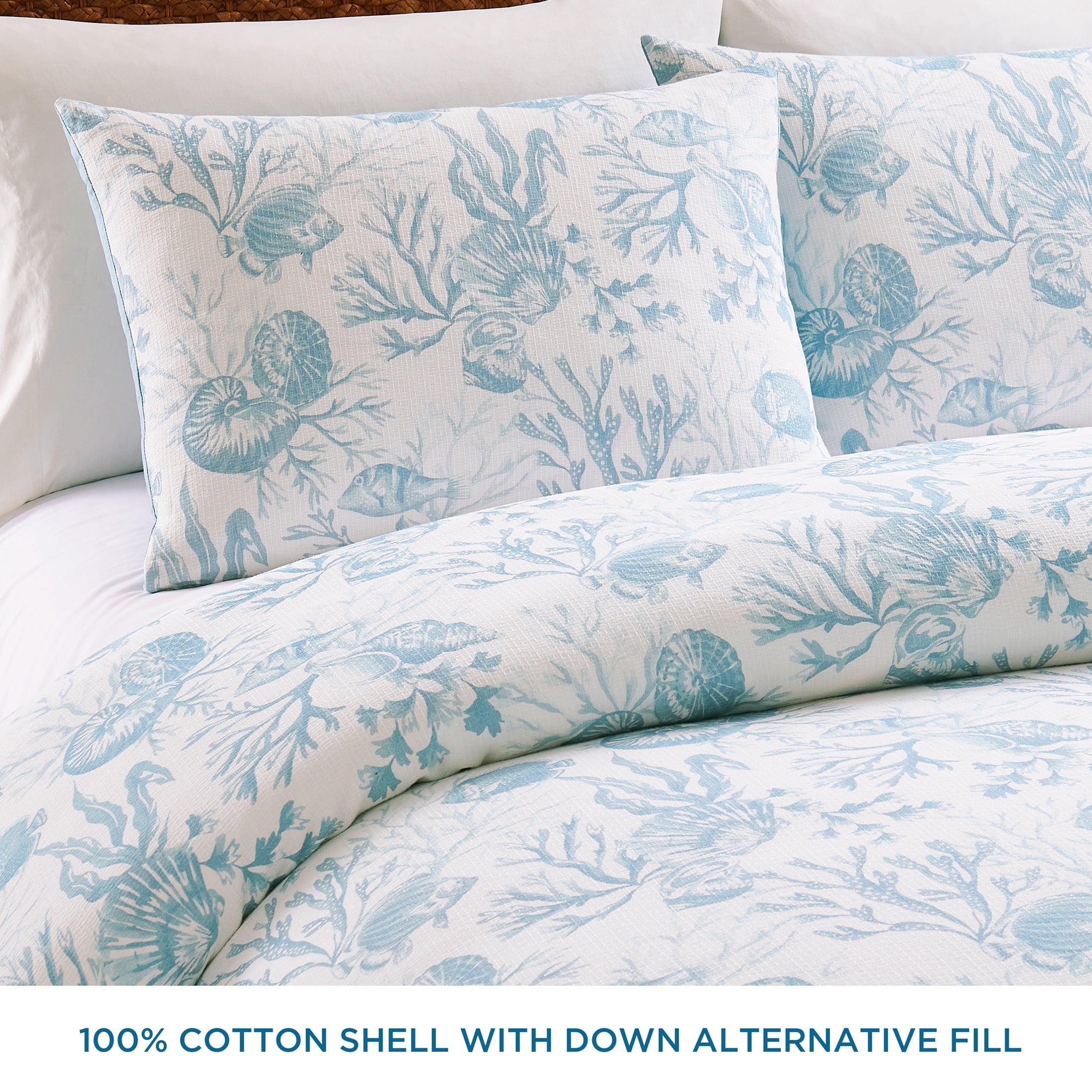 All-Season 3-Piece Lightweight 100% Cotton Blue & White Ocean Print Comforter Set, Full/Queen - All-Season Down Alternative Comforter Insert Detail