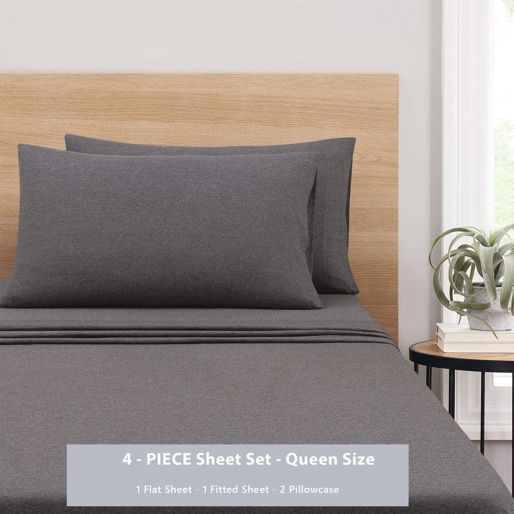 Cooling Sateen Cotton Rich Extra Soft Jersey Bed Sheet Set, Queen, Charcoal, 4 Pieces - Premium Ultra-Soft Pillowcase Pair for Sleeping Detail