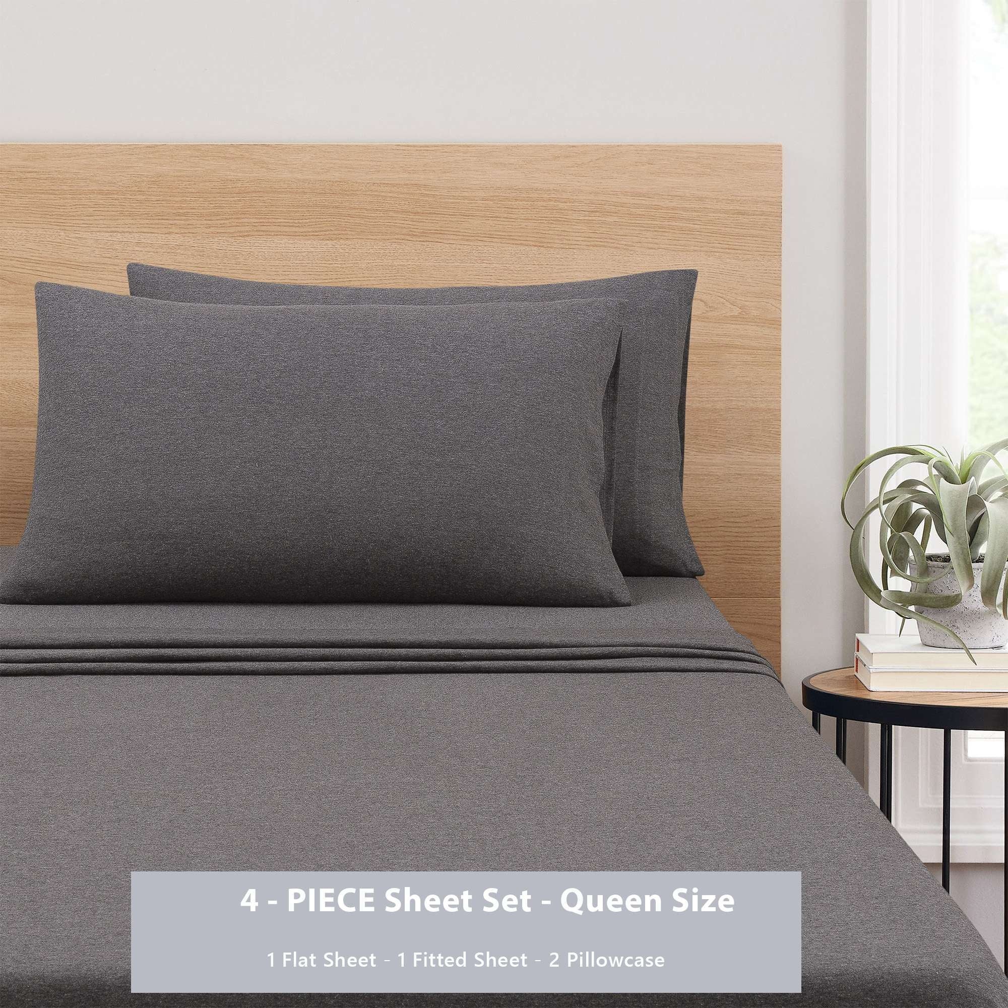 Cooling Sateen Cotton Rich Extra Soft Jersey Bed Sheet Set, Queen, Charcoal, 4 Pieces - Premium Ultra-Soft Pillowcase Pair for Sleeping Detail