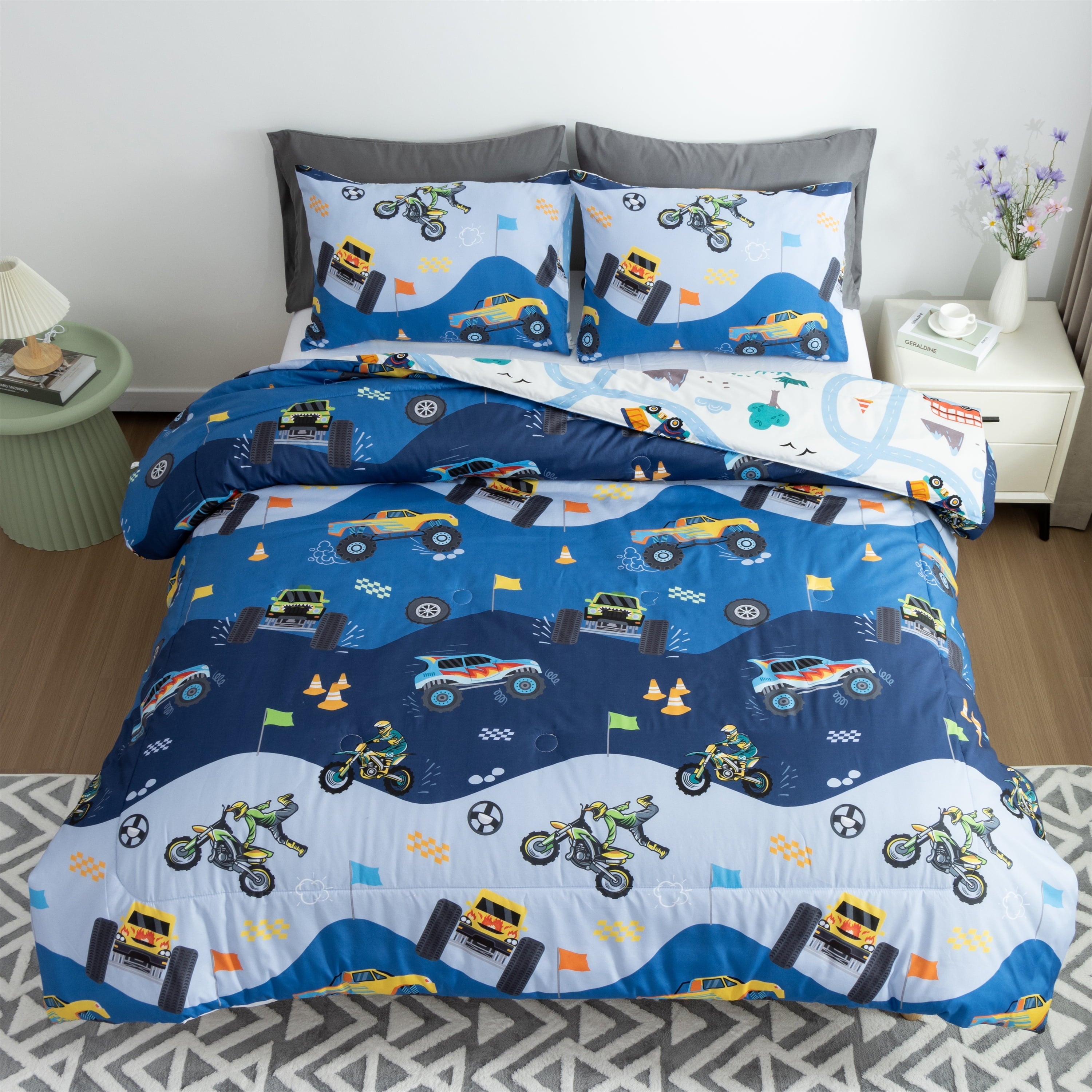 Luxurious Quilted 3Pcs Reversible Construction Truck Twin Comforter Set for Boys Kids Excavator Vehicle Motorcycle Bedding Set Blue - Hypoallergenic Ultra-Fluffy Quilt for Winter Detail