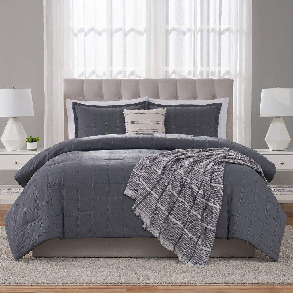 Heavyweight Warmth Full/Queen Comforter Set, All-Season, 5-Piece, Grey Waffle Check - Luxurious Quilted Duvet Cover Set Detail