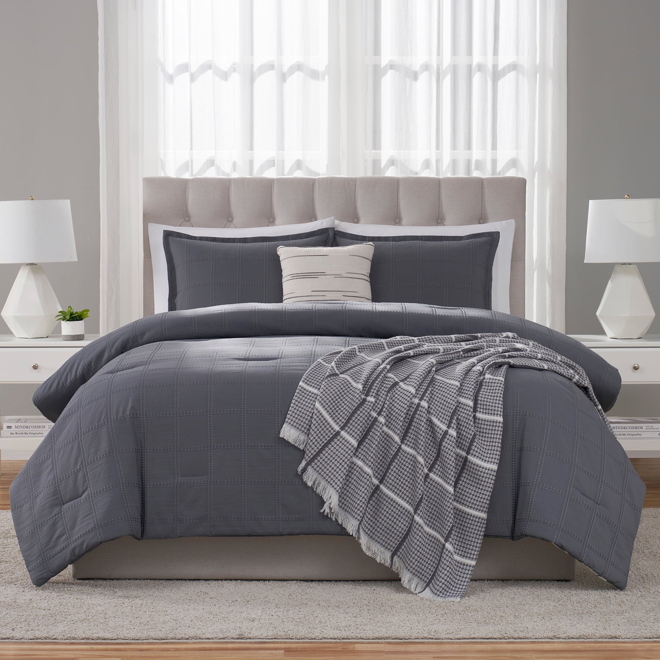 Heavyweight Warmth Full/Queen Comforter Set, All-Season, 5-Piece, Grey Waffle Check - Luxurious Quilted Duvet Cover Set Detail