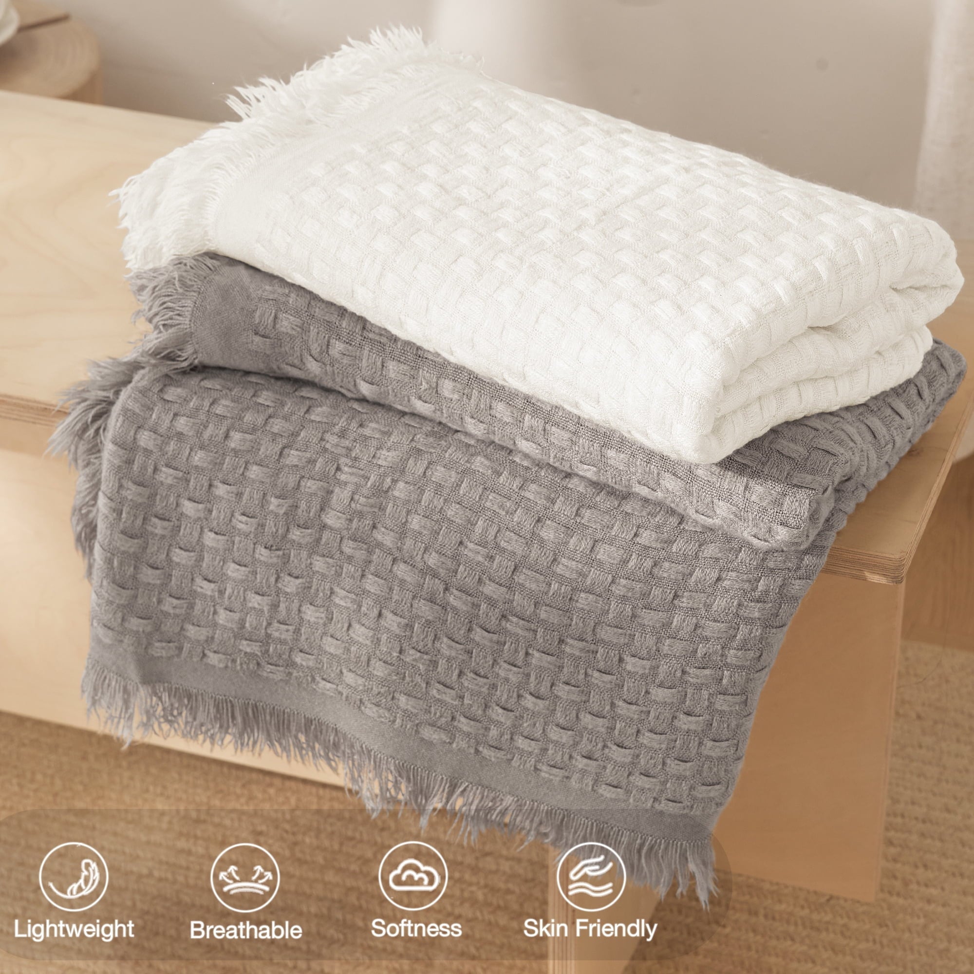 Reversible Sherpa Knitted Throw Blanket with Fringes for Couch, Soft and Warm Textured Throw for All Season, Lightweight Breathable Roo... - Luxury Knitted Decorative Throw Blanket with Fringes Detail