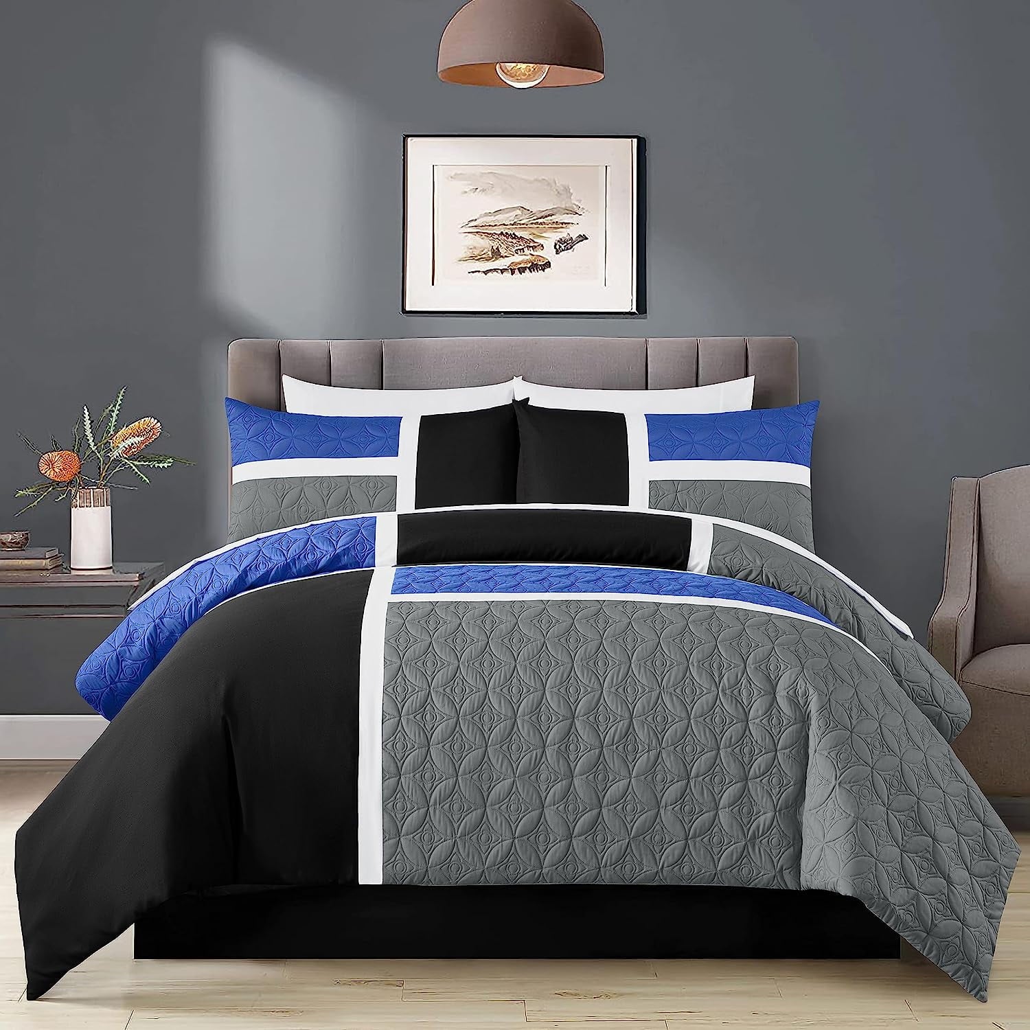 Luxurious Quilted Bernard 7-Piece Full Bed in a Bag Comforter Set with Sheets, Lightweight Comforter Blue Black Gray Patchwork Quilted ... - All-Season Down Alternative Comforter Insert Detail