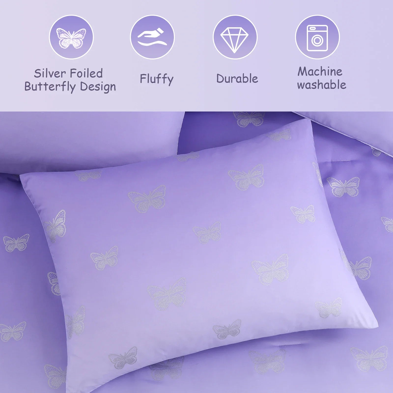 Heavyweight Warmth gold foil Design 7-piece Bed in a Bag Comforter Set with Sheets,Purple/Silver Butterflies,Full - Cloud-Like Soft Lightweight Bed Comforter Detail