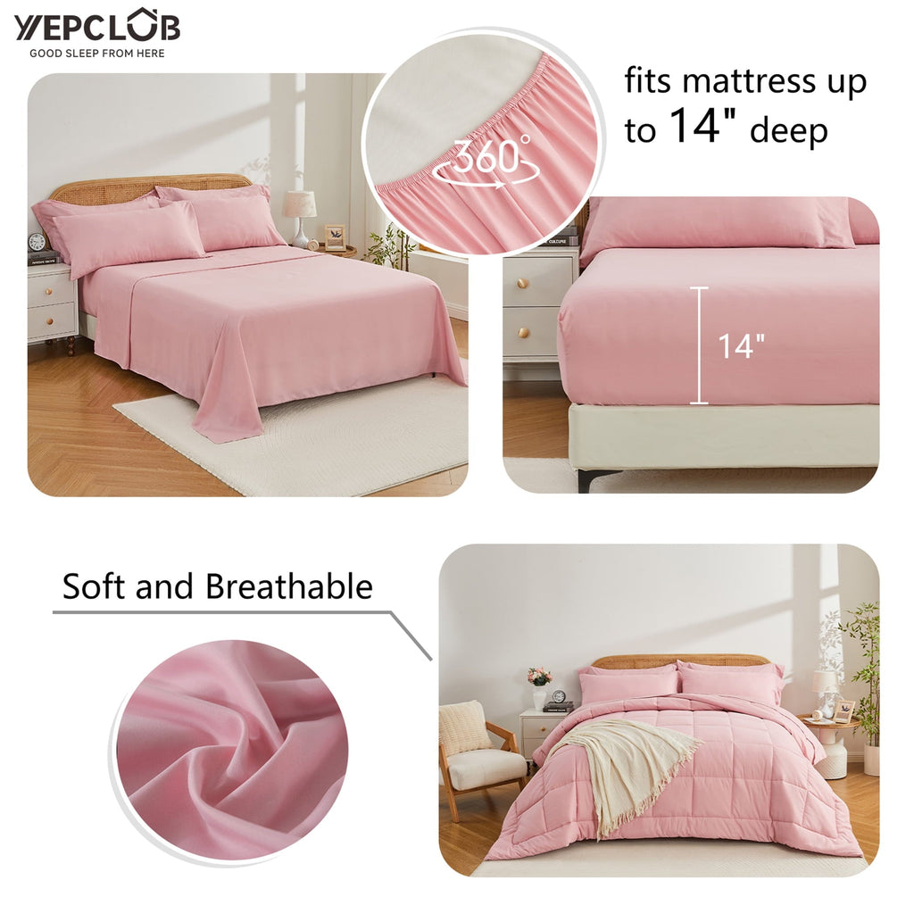 Fluffy Down Alternative 7-Piece Queen Size Comforter Set,Pink Reversible Bed in a Bag,All Season Solid Bedding Set with Sheets,Pillowcases & ... - Luxurious Quilted Duvet Cover Set Detail