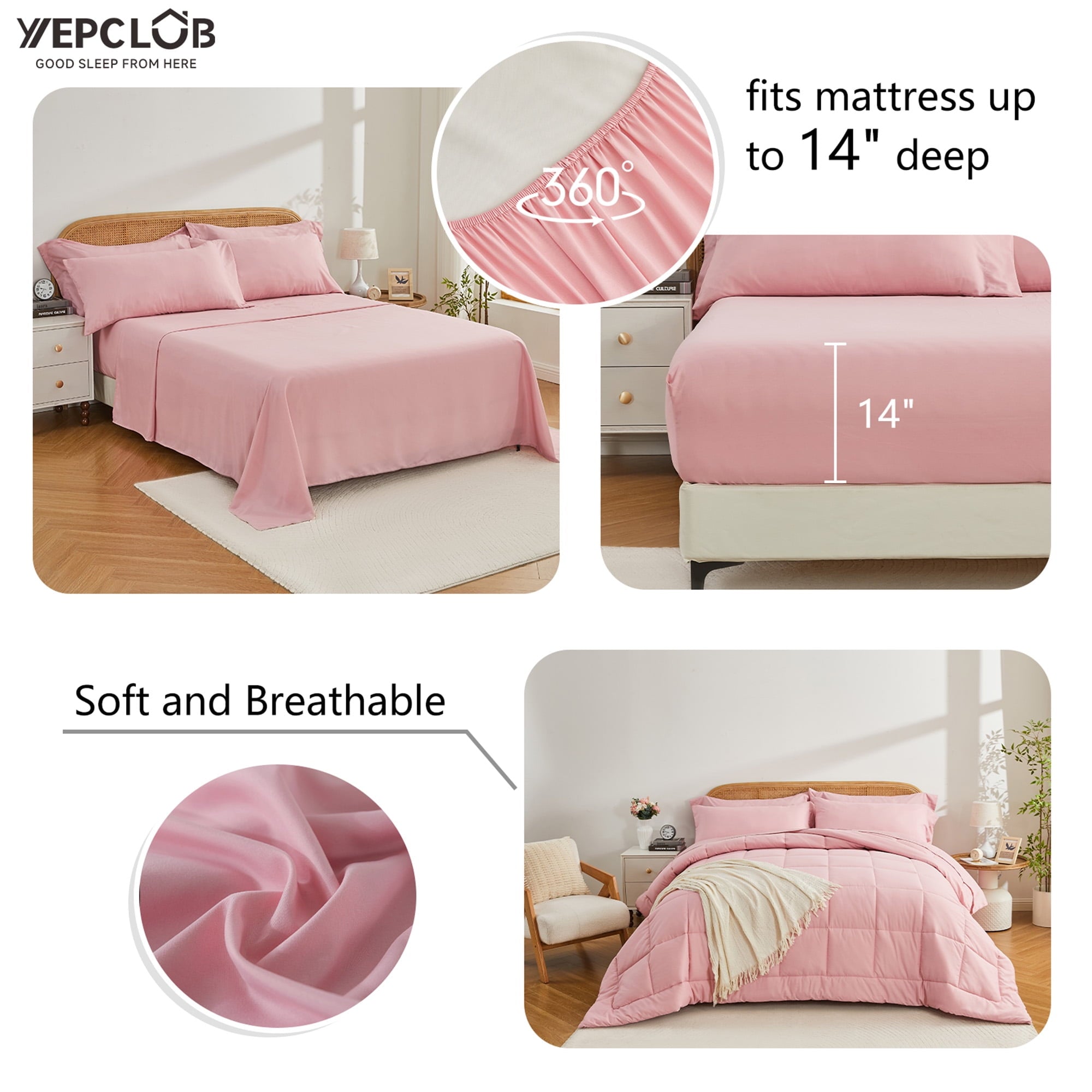 Fluffy Down Alternative 7-Piece Queen Size Comforter Set,Pink Reversible Bed in a Bag,All Season Solid Bedding Set with Sheets,Pillowcases & ... - Luxurious Quilted Duvet Cover Set Detail