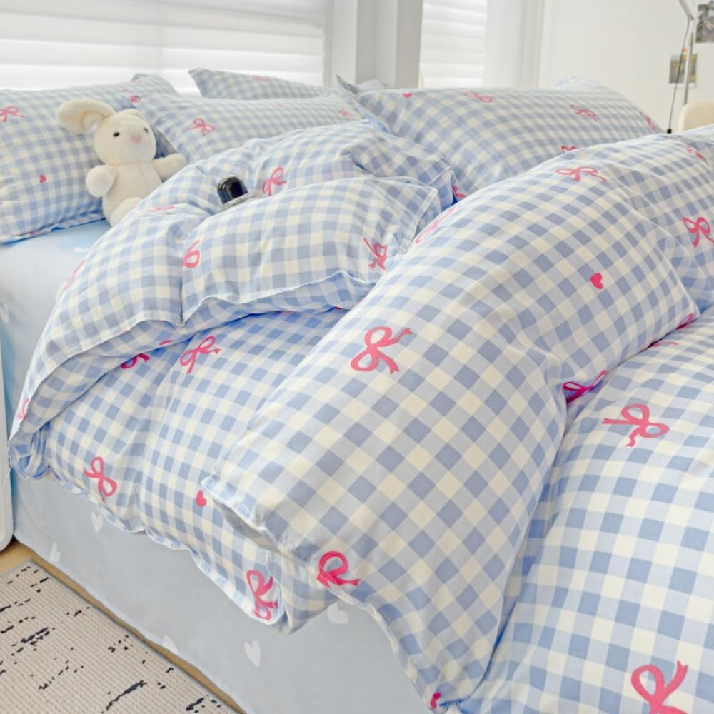 Fluffy Down Alternative 3-Piece Blue Plaid Pink Bows Comforter Full Set , Cute Soft Bedding Set for Kids Adults - Hypoallergenic Ultra-Fluffy Quilt for Winter Detail