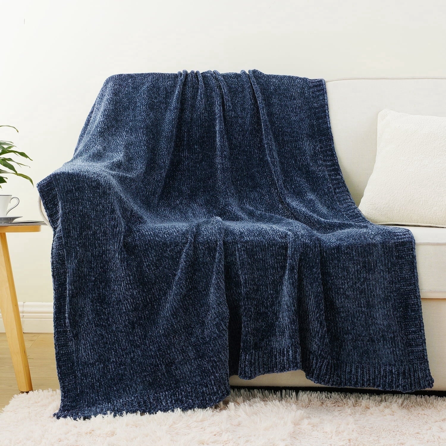 Lightweight Warm Navy Blue Chenille Throw for Couch Bed,Soft Navy Knit Blanket, Housewarming Gifts, 51"x 67" - Super Soft Reversible Sherpa Flannel Blanket Detail