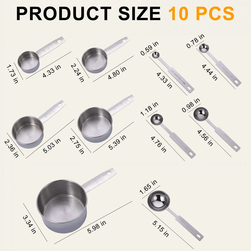 Non-Stick Safe Measuring Cups and Spoons Set of 10, 5 Stainless Steel Cups and 5 Spoons for Kitchen Cooking Baking - Premium Stainless Steel Cooking Utensil for Non-Stick Pots Detail