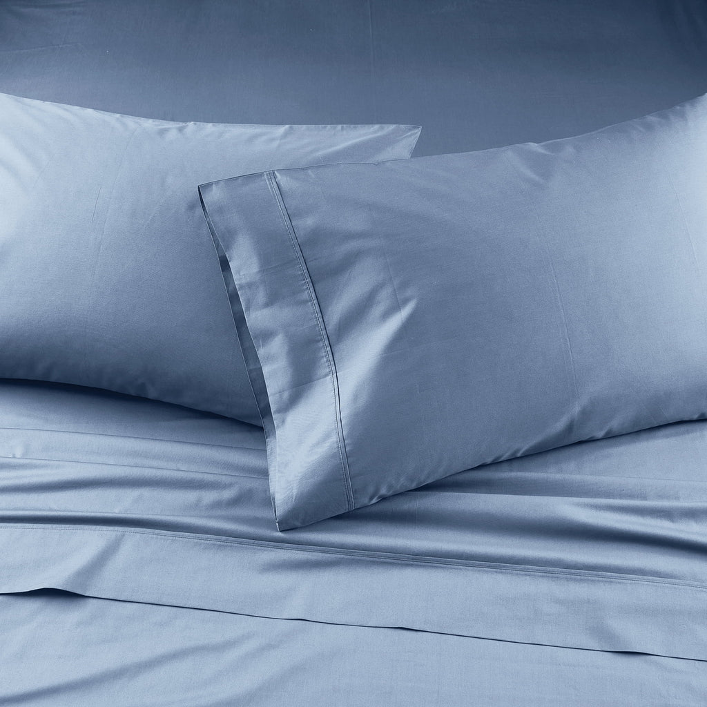 Breathable Luxury Cool & Crisp 3-Piece 300 Thread Count Blue Water Cotton Percale Sheet Set, Twin - Breathable Egyptian Cotton Flat & Fitted Sheets Detail