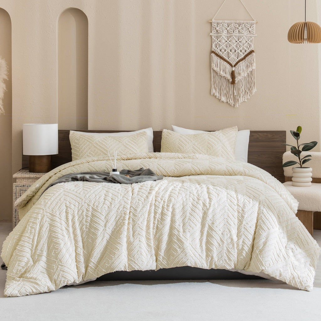 Luxurious Quilted King Size Comforter Sets Beige - 3 Pieces Cream Boho Bedding Comforter Set for King Bed - Soft Fluffy Tufted Textured... - Luxurious Quilted Duvet Cover Set Detail