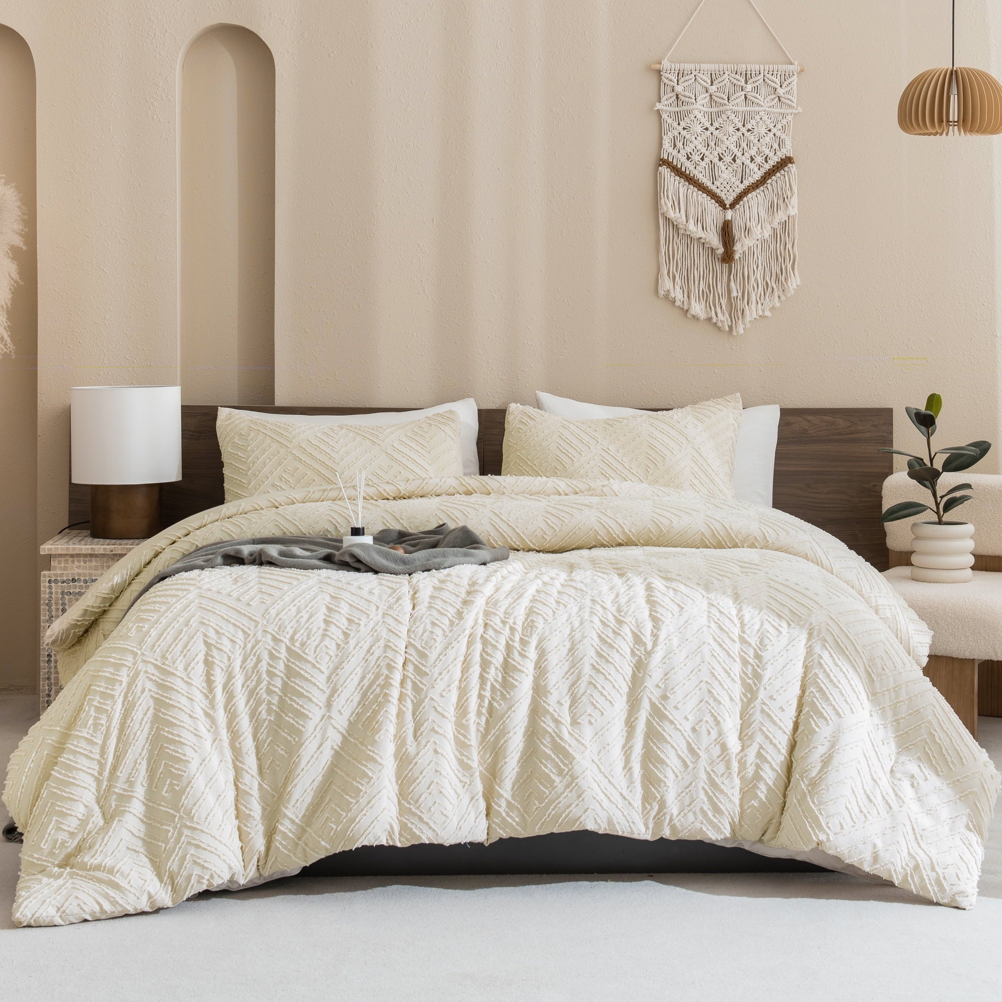 Luxurious Quilted King Size Comforter Sets Beige - 3 Pieces Cream Boho Bedding Comforter Set for King Bed - Soft Fluffy Tufted Textured... - Luxurious Quilted Duvet Cover Set Detail