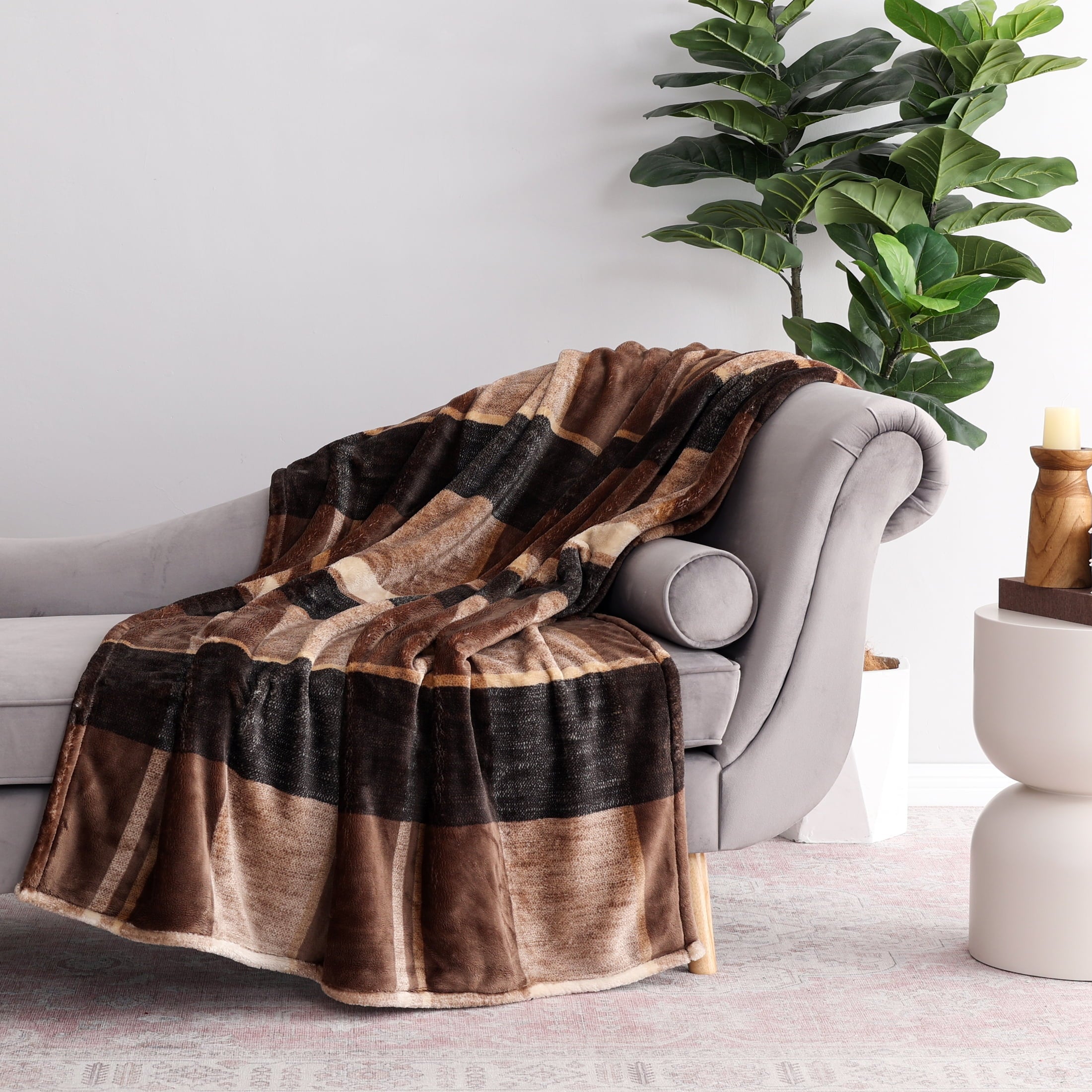 Super Soft Flannel Printed Velvet Plush Super Soft Throw Blanket, Oversized, Shelton Brown Plaid - Lightweight Plush Warm Blanket for All Seasons Detail