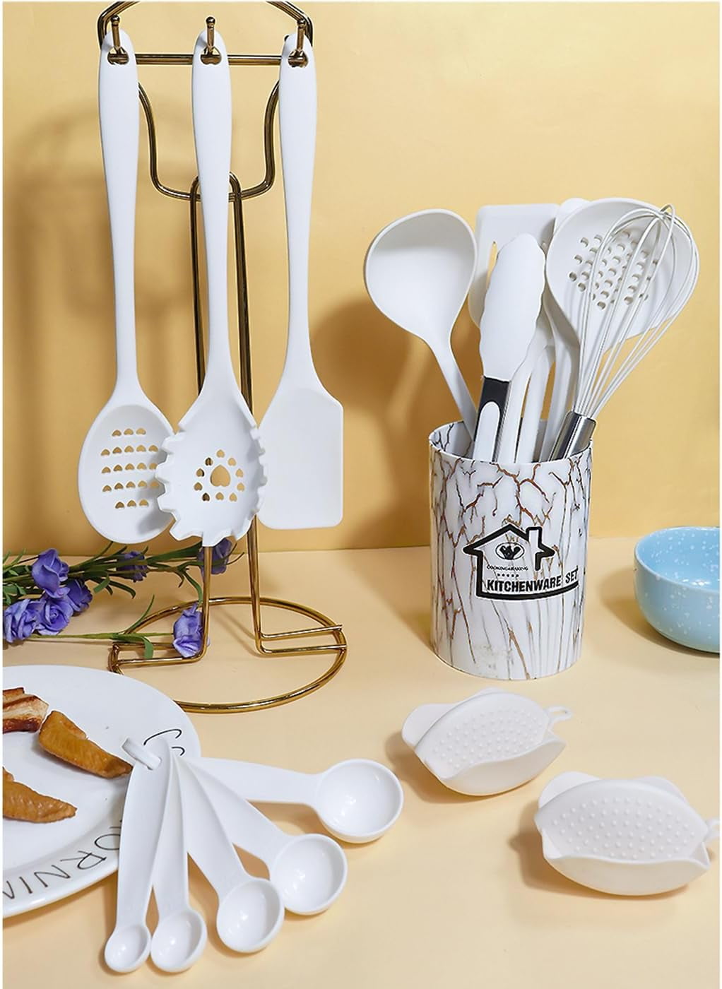 Chef-Quality Silicone Cooking Utensils Set - 446°F Heat Resistant Kitchen Utensils,Turner Tongs,Spatula,Spoon,Brush,Whisk,Kitchen ... - High-Precision Culinary Tool for Baking & Cooking Detail