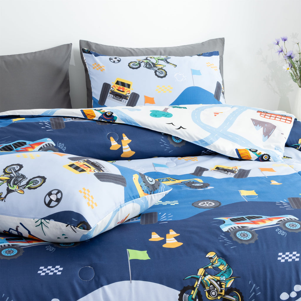Luxurious Quilted 3Pcs Reversible Construction Truck Twin Comforter Set for Boys Kids Excavator Vehicle Motorcycle Bedding Set Blue - Hypoallergenic Ultra-Fluffy Quilt for Winter Detail