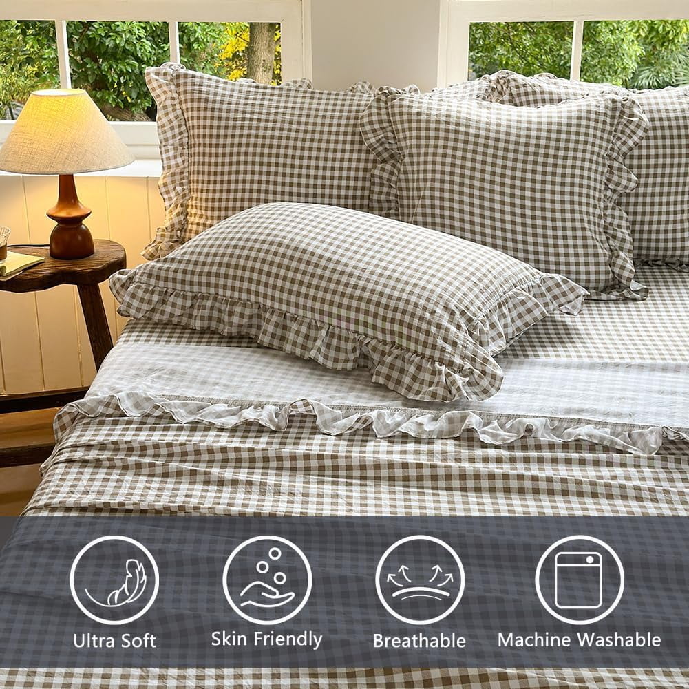 Ultra-Soft Tan Gingham Ruffle Queen Sheet Set, Taupe Soft Pre-Washed Microfiber Plaid Ruffled Queen Bed Sheets, 4-Pieces Farmhou... - Premium Ultra-Soft Pillowcase Pair for Sleeping Detail