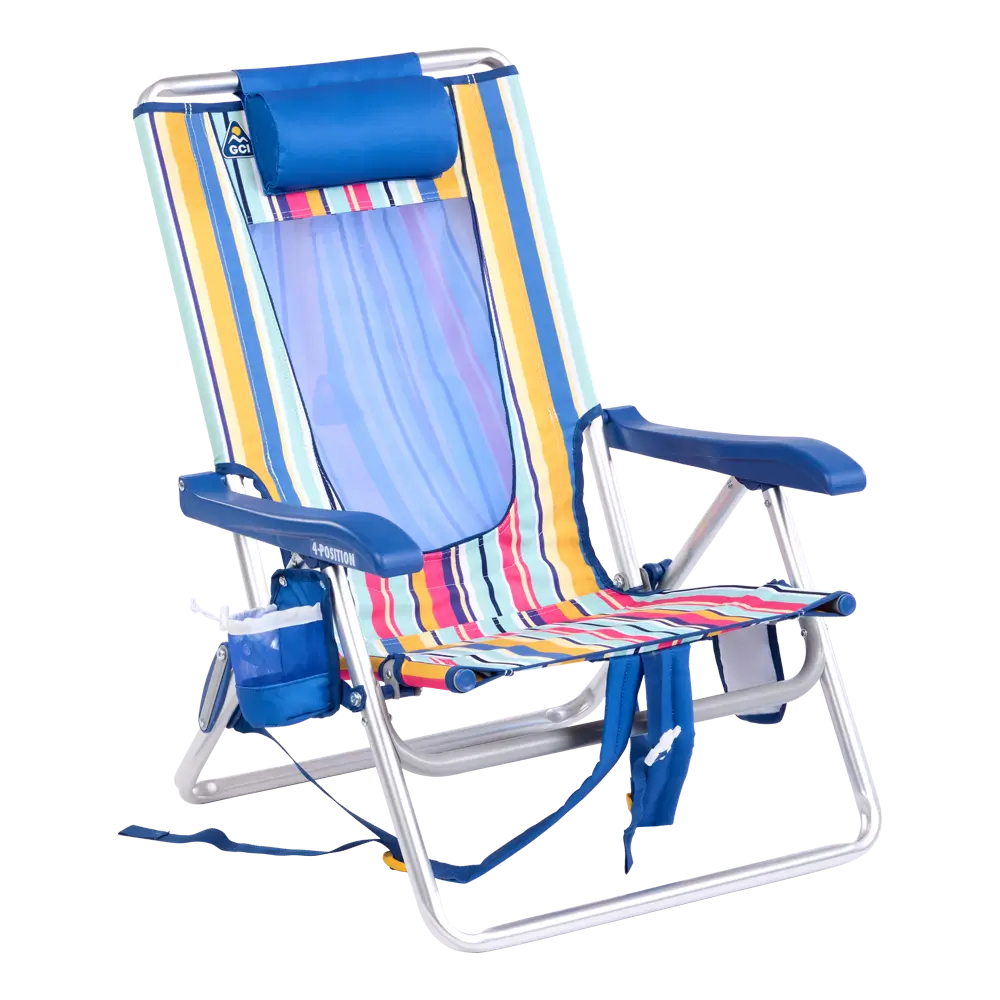 Rust-Resistant Aluminum Backpack Beach Chair - Choice 709 - Multi-Position Outdoor Beach Chair with Pillow - Multi Stripe