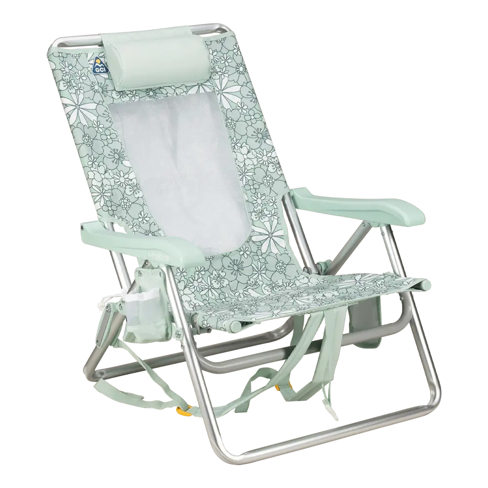 Rust-Resistant Aluminum Backpack Beach Chair - Choice 709 - Multi-Position Outdoor Beach Chair with Pillow - Floral Pastel Green