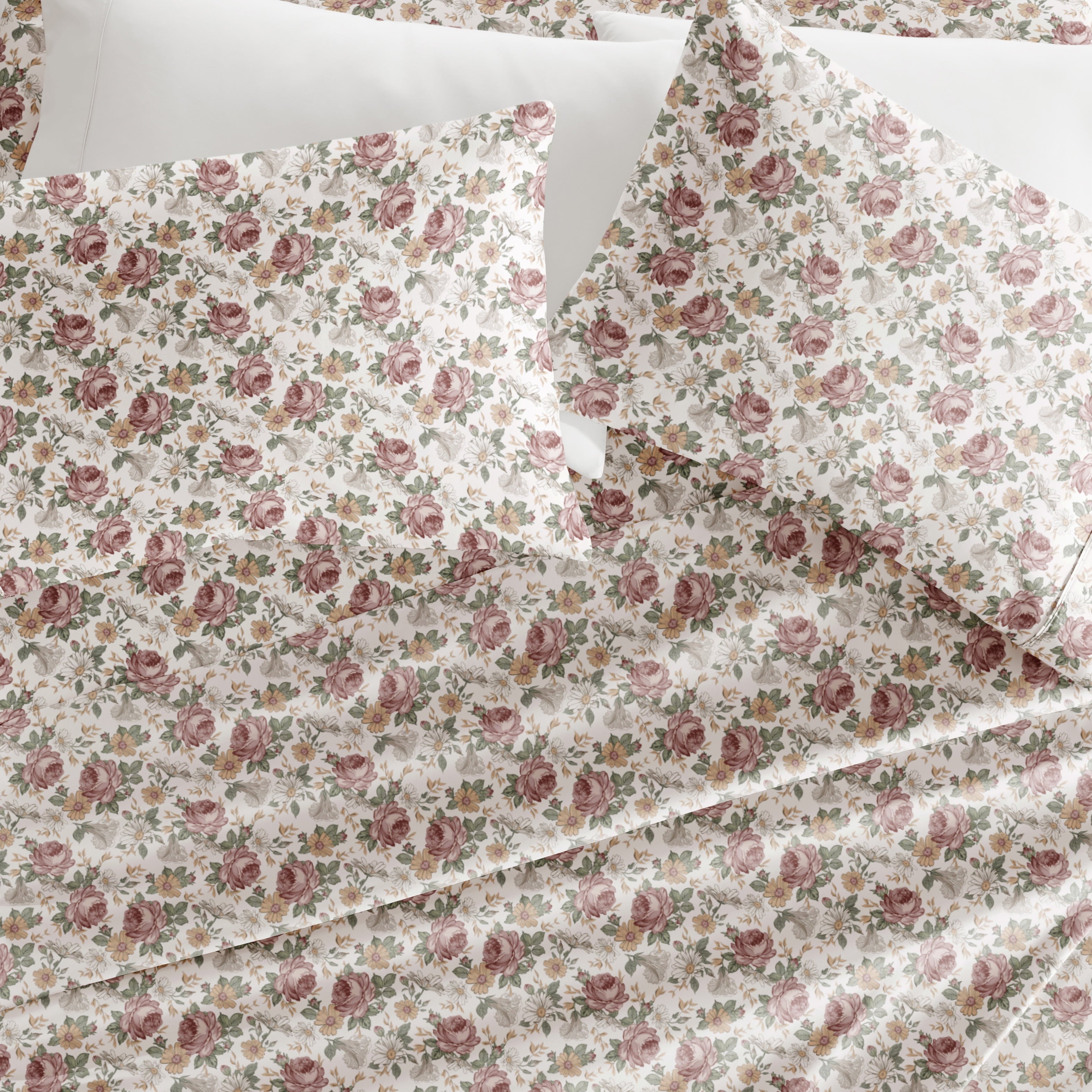 Premium Egyptian Cotton 4 Piece Pattern Microfiber Bed Sheets Set, Blooming Floral Rose, Queen - Luxury Bed Sheet Set with Deep Pockets Detail