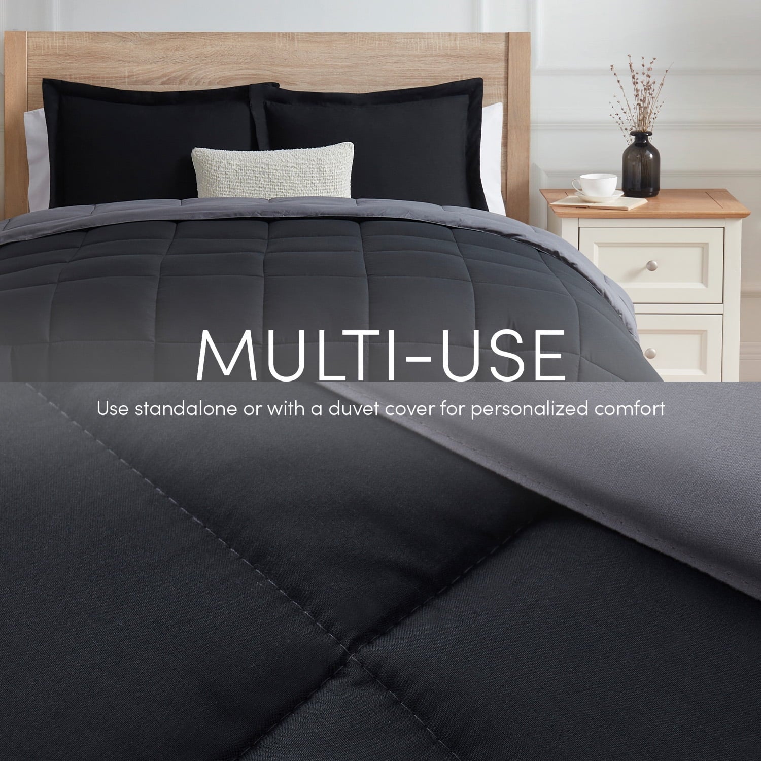 Luxurious Quilted Queen Comforter Set, 3 Piece Bed in a Bag, Reversible Down Alternative Bedding Set, Black & Gray - Luxurious Quilted Duvet Cover Set Detail