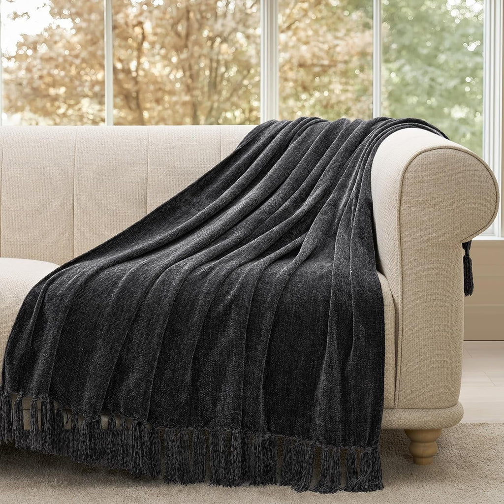 Reversible Sherpa Soft Chenille Throw Blanket for Couch, Cozy Plush Fuzzy Decorative Chenille Knit Throw Blanket with Tassels, Lightwei... - Luxury Knitted Decorative Throw Blanket with Fringes Detail