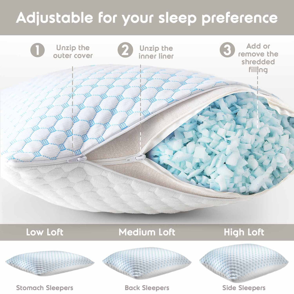 Fluffy Shredded Cooling Pillows for Bed, Memory Foam Bed Pillow, Queen Pillows 20” X 28”, 2 Pack - Hotel Quality Plush Sleeping Pillows Detail