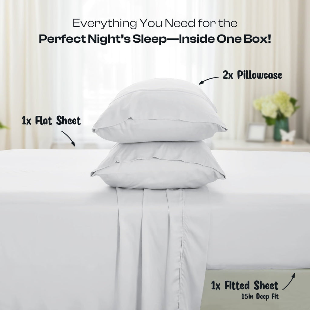 Cooling Sateen IR 3 Piece 1800 Series Deep Pocket Soft Microfiber Solid Bed Sheet Set for Kids, White Twin Size - Breathable Egyptian Cotton Flat & Fitted Sheets Detail
