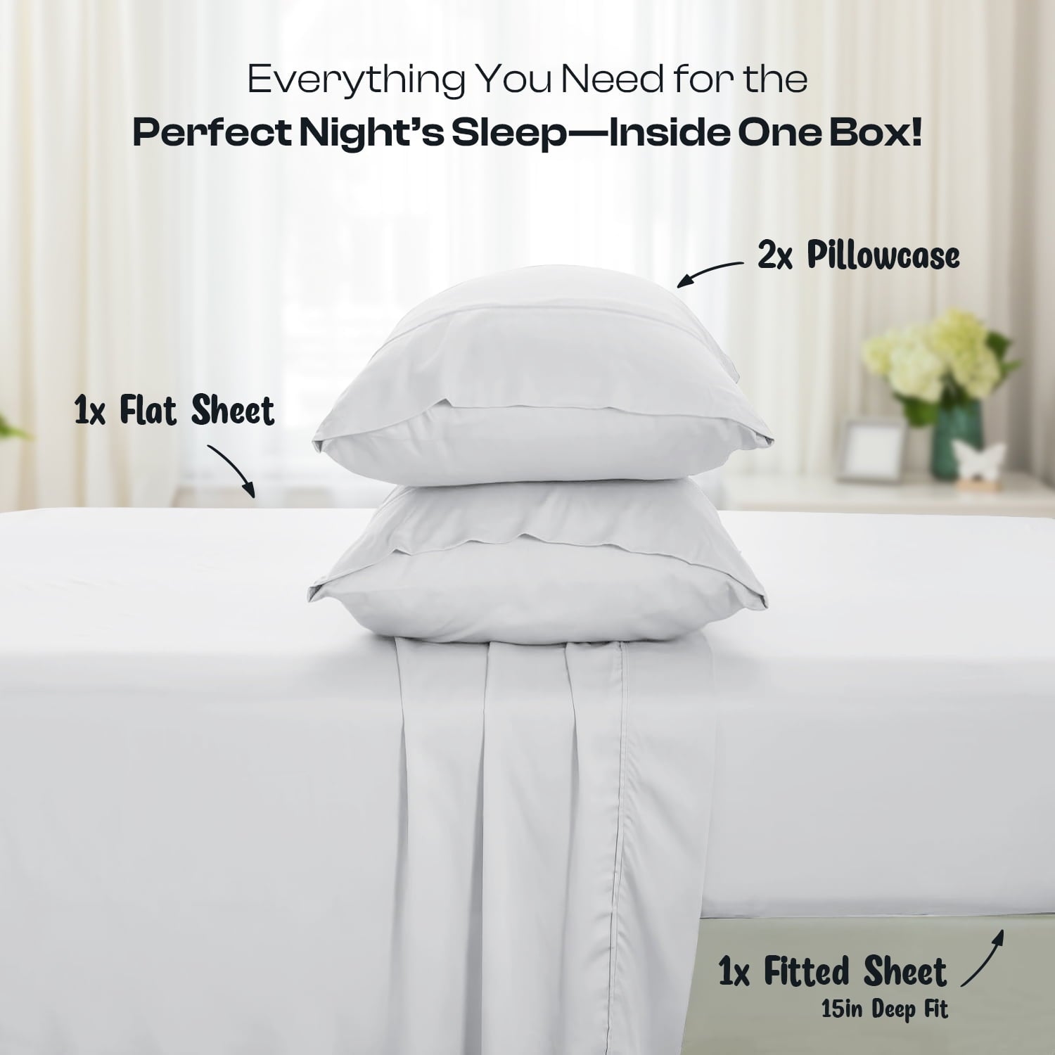 Cooling Sateen IR 3 Piece 1800 Series Deep Pocket Soft Microfiber Solid Bed Sheet Set for Kids, White Twin Size - Breathable Egyptian Cotton Flat & Fitted Sheets Detail