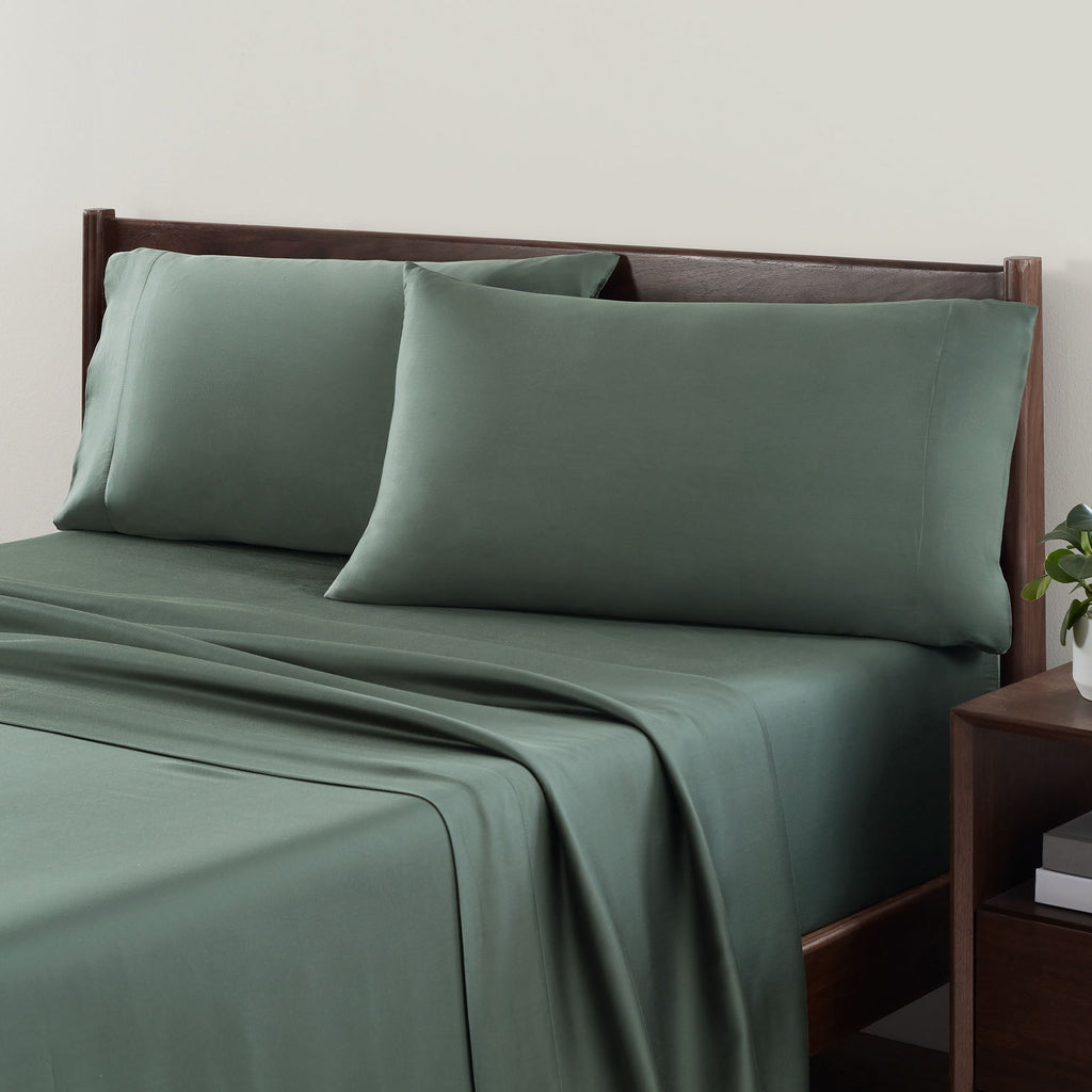 Cooling Sateen 4-Piece & Silky Serenity 100% Bed Sheets Set, Flagstone, Queen - Premium Ultra-Soft Pillowcase Pair for Sleeping Detail