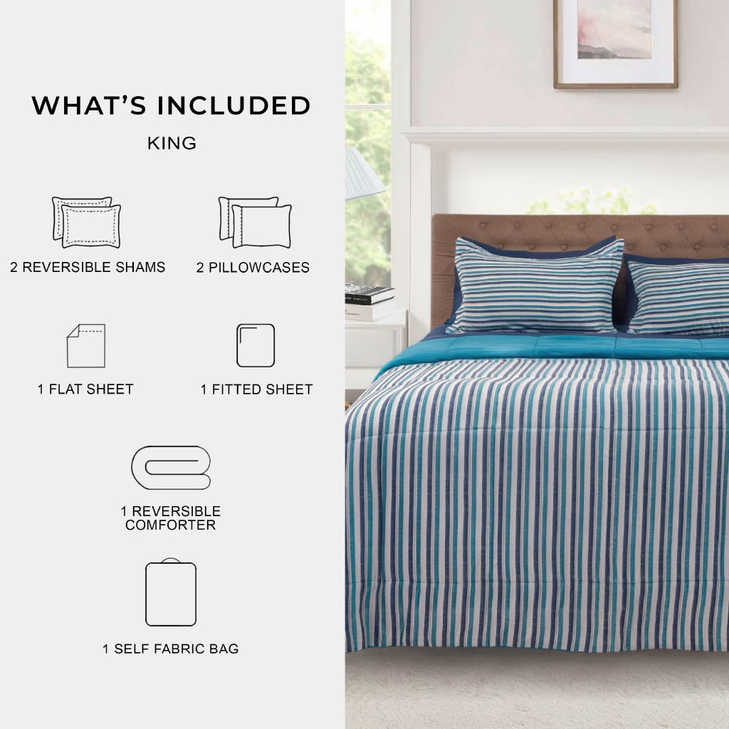 All-Season All in One Reversible Comforter and Sheet Set- 7 Piece, Queen, Blue Pinstripe - Hypoallergenic Ultra-Fluffy Quilt for Winter Detail