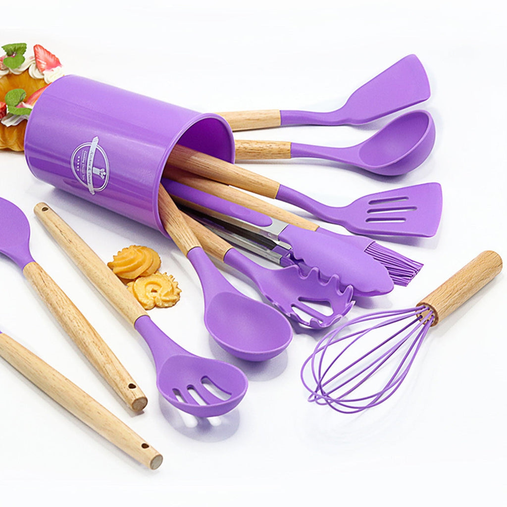 Ergonomic Cooking 12Pcs Cooking Kitchen Utensils Set with Holder,Wooden Handles Cooking Tool,BPA Free,Non Toxic Turner Tongs Spa... - Ergonomic Kitchen Tongs and Cooking Spoon Utensil Detail