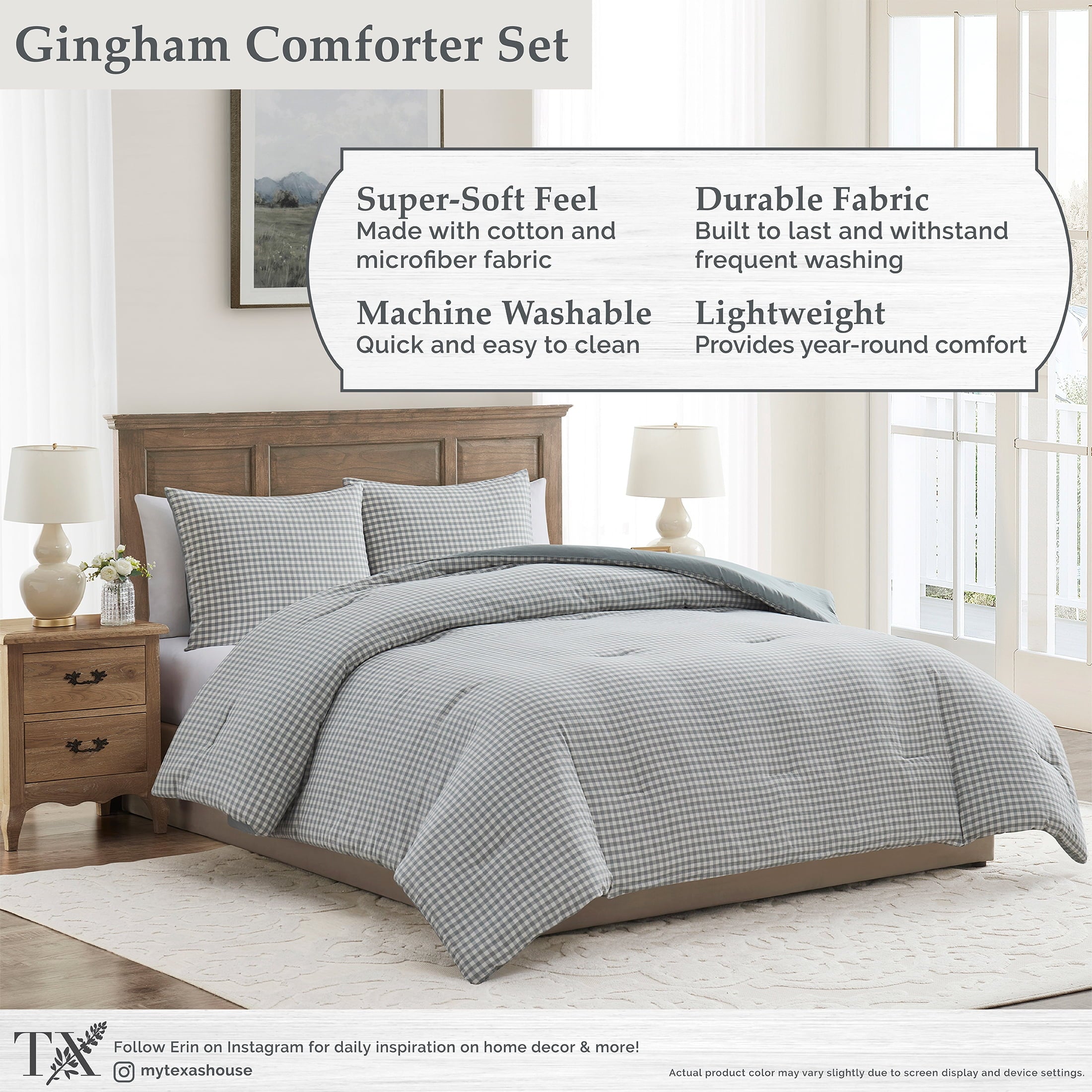 Hypoallergenic Cloud Full/Queen Comforter Set, All-Season, 3-Piece, Green Gingham Plaid - Cloud-Like Soft Lightweight Bed Comforter Detail