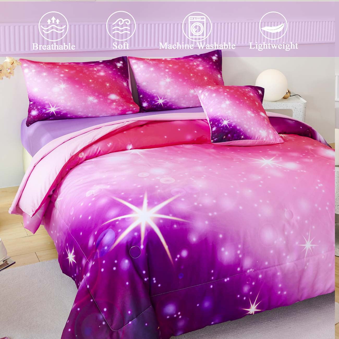 All-Season 4Pcs Rainbow Twin Size Comforter Set for Girls, Pink Purple Gradient Glitter Kids Bedding Sets, Soft Galaxy Girls Bed... - Cloud-Like Soft Lightweight Bed Comforter Detail