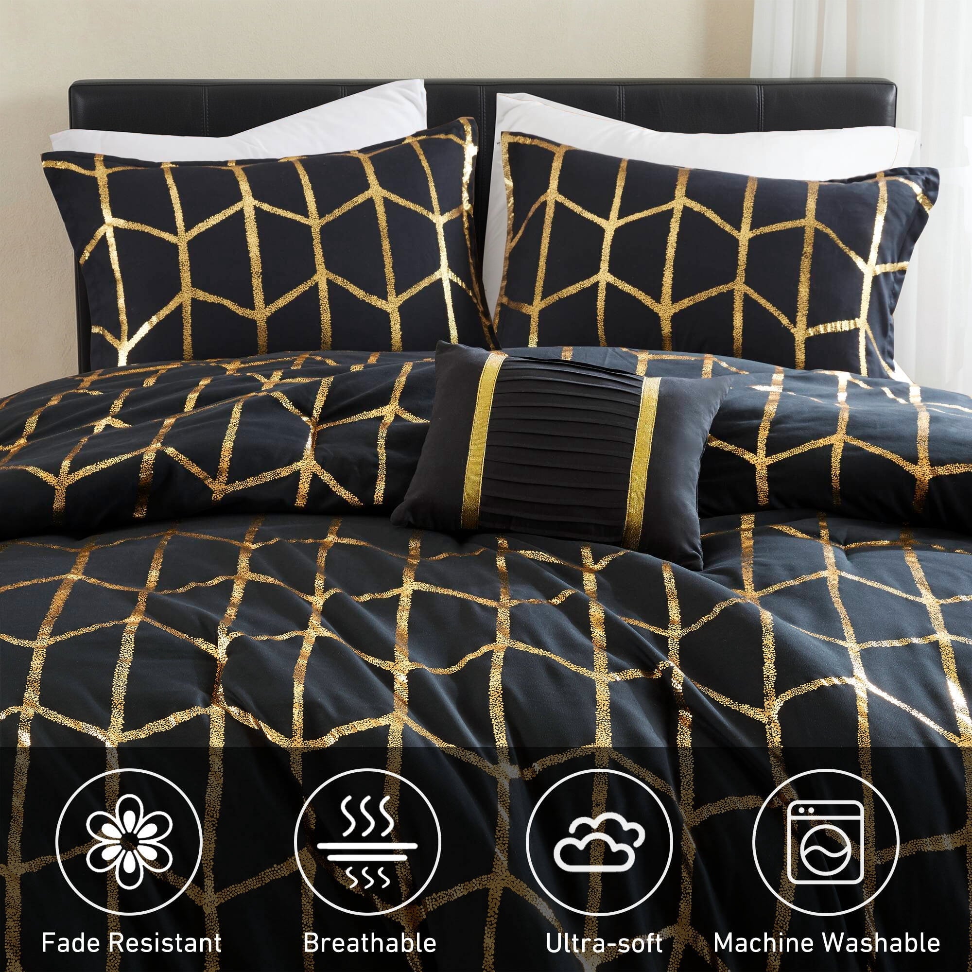 Heavyweight Warmth Full/Queen Size Comforter Set, 4-Piece Bedding Set for All Seasons, Geometric Metallic Comforter Bed Set with Decor P... - Cloud-Like Soft Lightweight Bed Comforter Detail