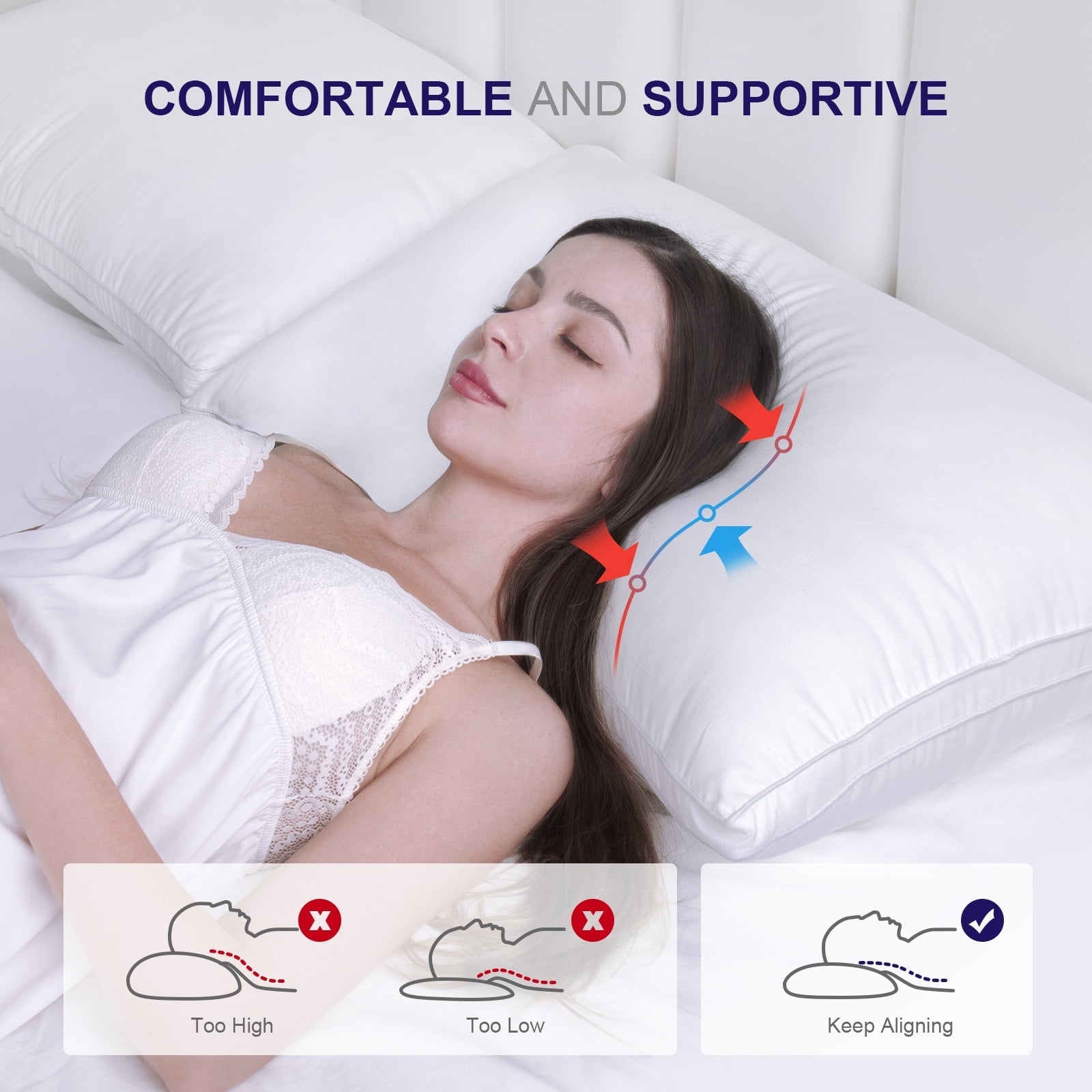 Orthopedic Support Bed Pillows 2 Pack Down Alternative Pillows for Bed Queen Size Set of 2 Soft Hotel Collection Gusseted Cooling Pillow... - Hotel Quality Plush Sleeping Pillows Detail