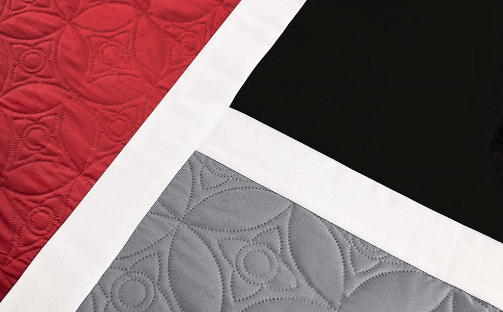 Hypoallergenic Cloud 7-Piece Medallion Patchwork Comforter Set, Full, Red/Gray/Black - Luxurious Quilted Duvet Cover Set Detail