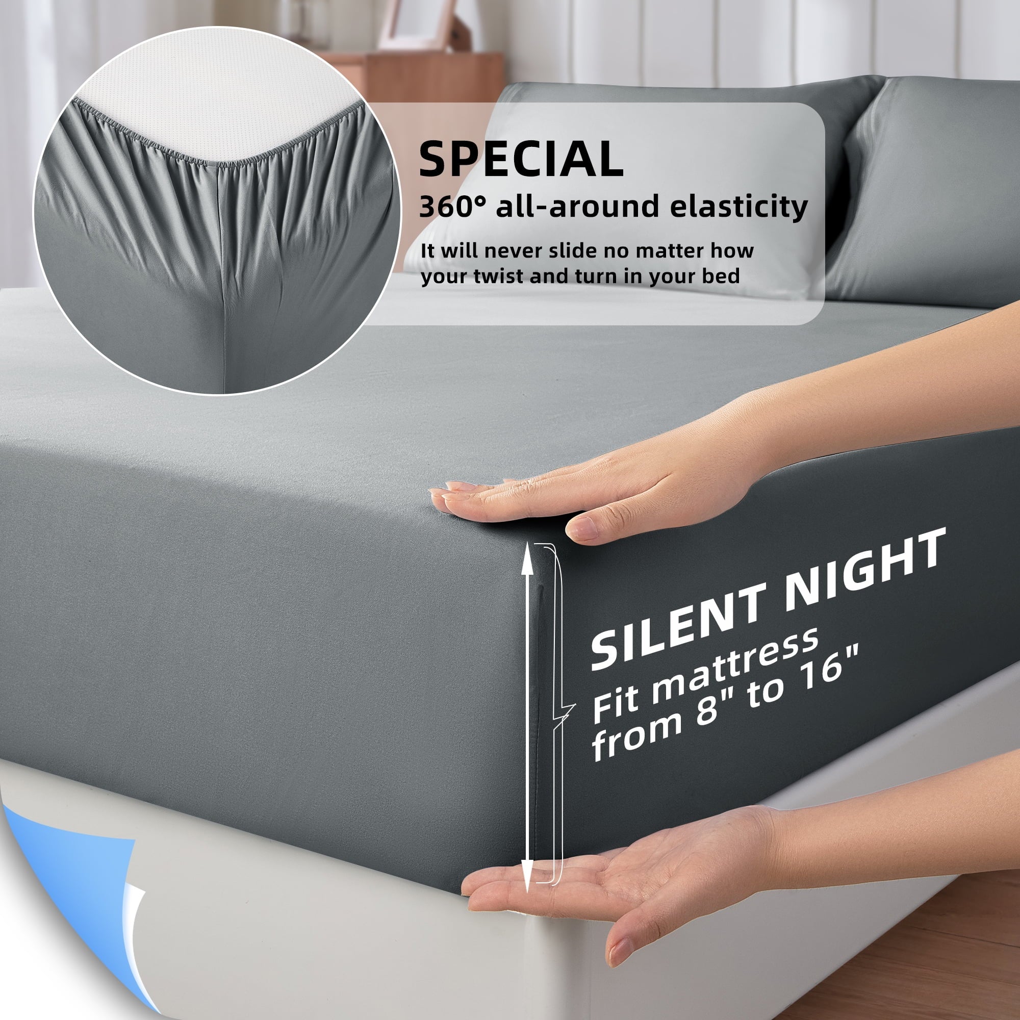 Wrinkle-Resistant Shilucheng 4 Pieces Luxury Bed Sheets Set, Plush Microfiber Bed Sheets, 16" Deep Pocket, Queen, Dark Gray - Breathable Egyptian Cotton Flat & Fitted Sheets Detail