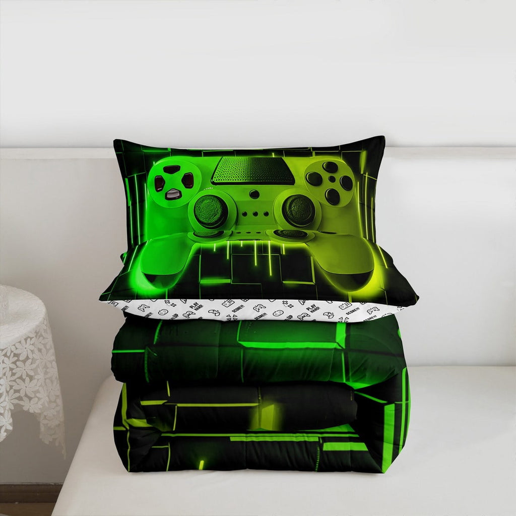 Luxurious Quilted Green Yellow Gaming Full Size Comforter Sets - Gamer Comforter Full Size Bedding Set, Neon Lights Abstract Geometry D... - All-Season Down Alternative Comforter Insert Detail