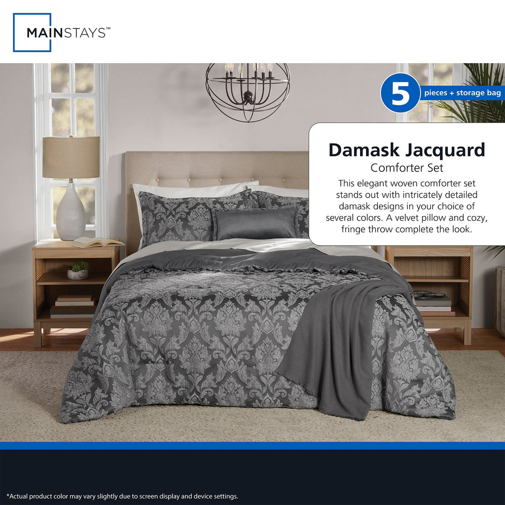 All-Season Full/Queen Comforter Set, All-Season, 5-Piece, Grey Jacquard Damask - Hypoallergenic Ultra-Fluffy Quilt for Winter Detail