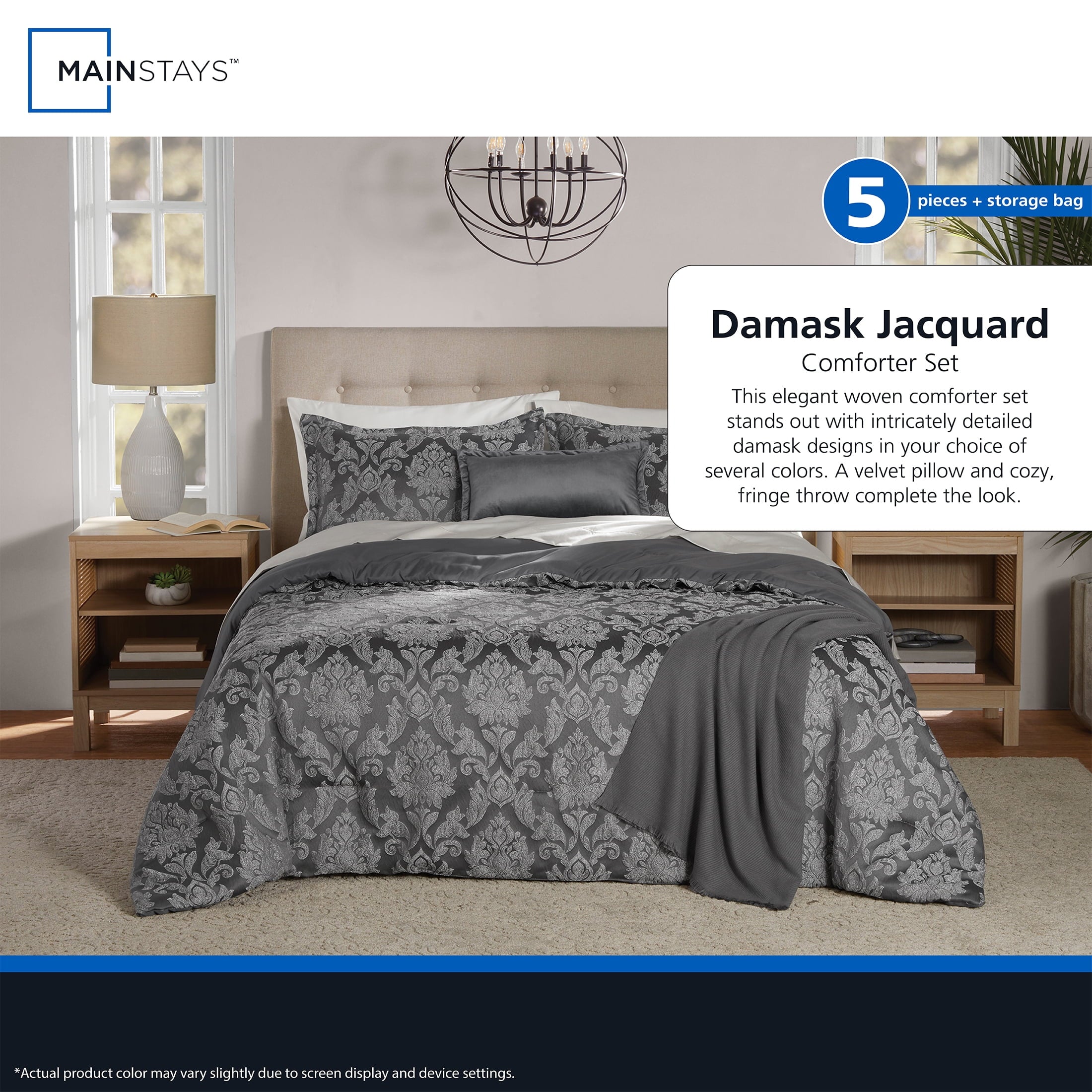 All-Season Full/Queen Comforter Set, All-Season, 5-Piece, Grey Jacquard Damask - Hypoallergenic Ultra-Fluffy Quilt for Winter Detail