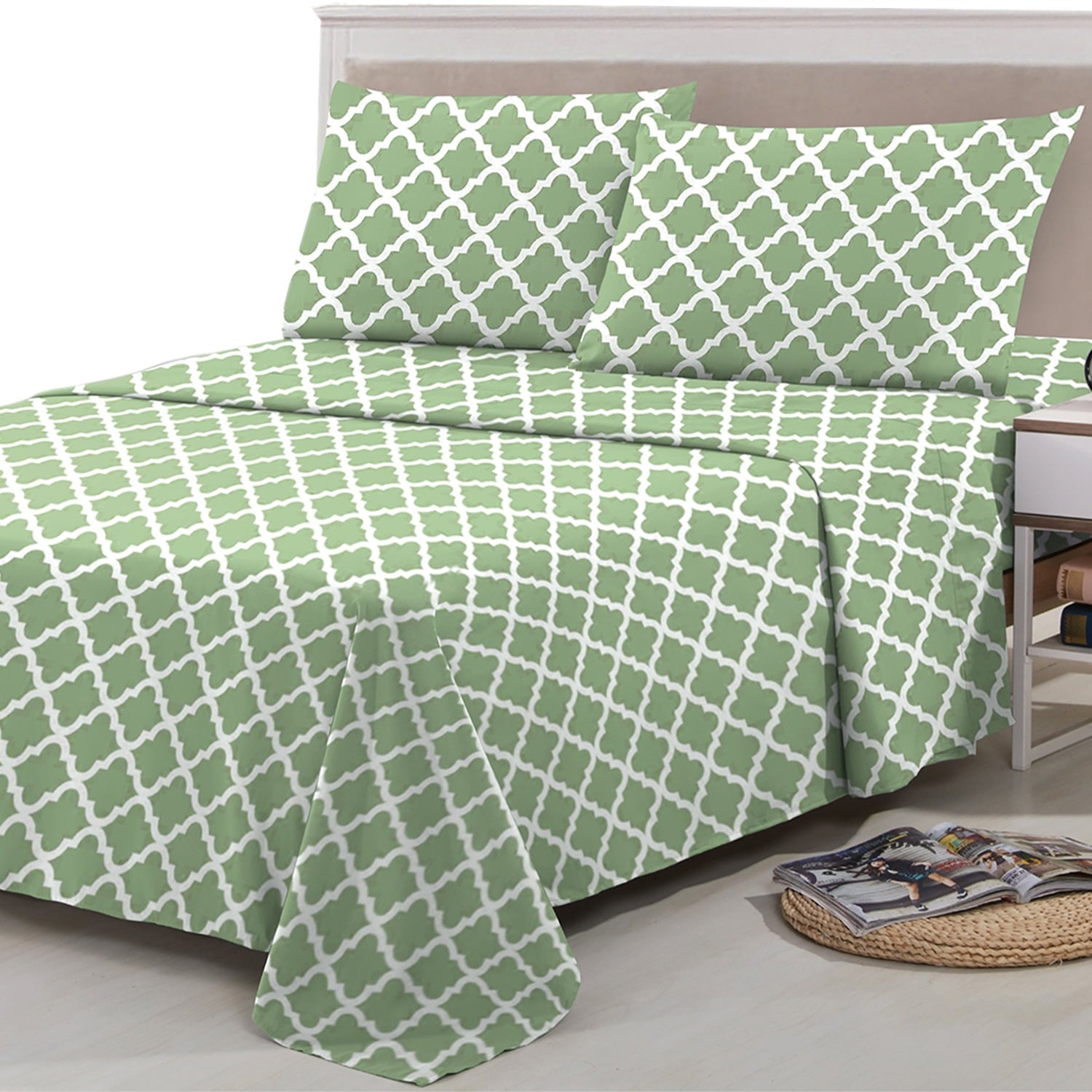 Wrinkle-Resistant Quatrefoil Bed Sheet Set (King, Sage/White) 4 Piece Deep Pocket 1800 Series Microfiber Bed Sheet Set Contains 1 Fitte... - Breathable Egyptian Cotton Flat & Fitted Sheets Detail