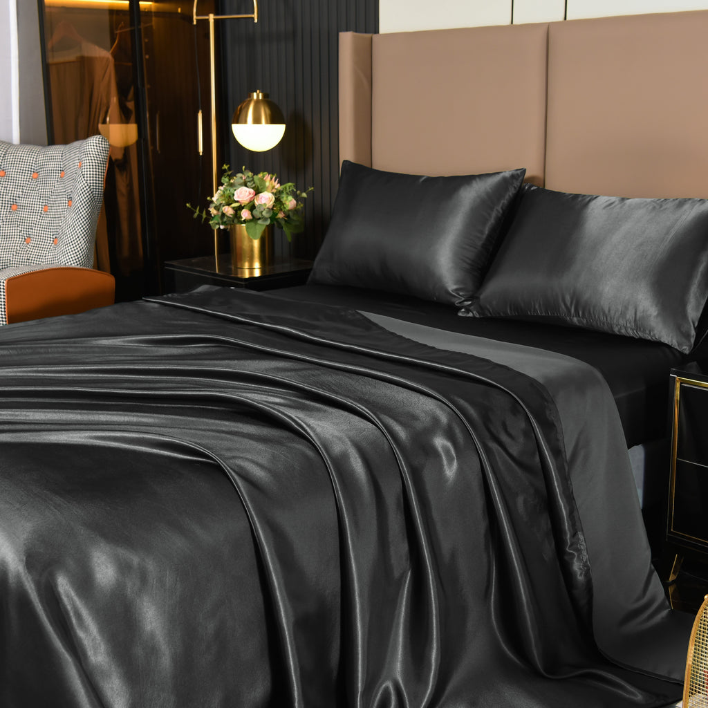 Premium Egyptian Cotton Satin Sheets Full Black Luxury Silky Bed Sheets 1800 Microfiber Sheet Set 4 Pcs - Luxury Bed Sheet Set with Deep Pockets Detail