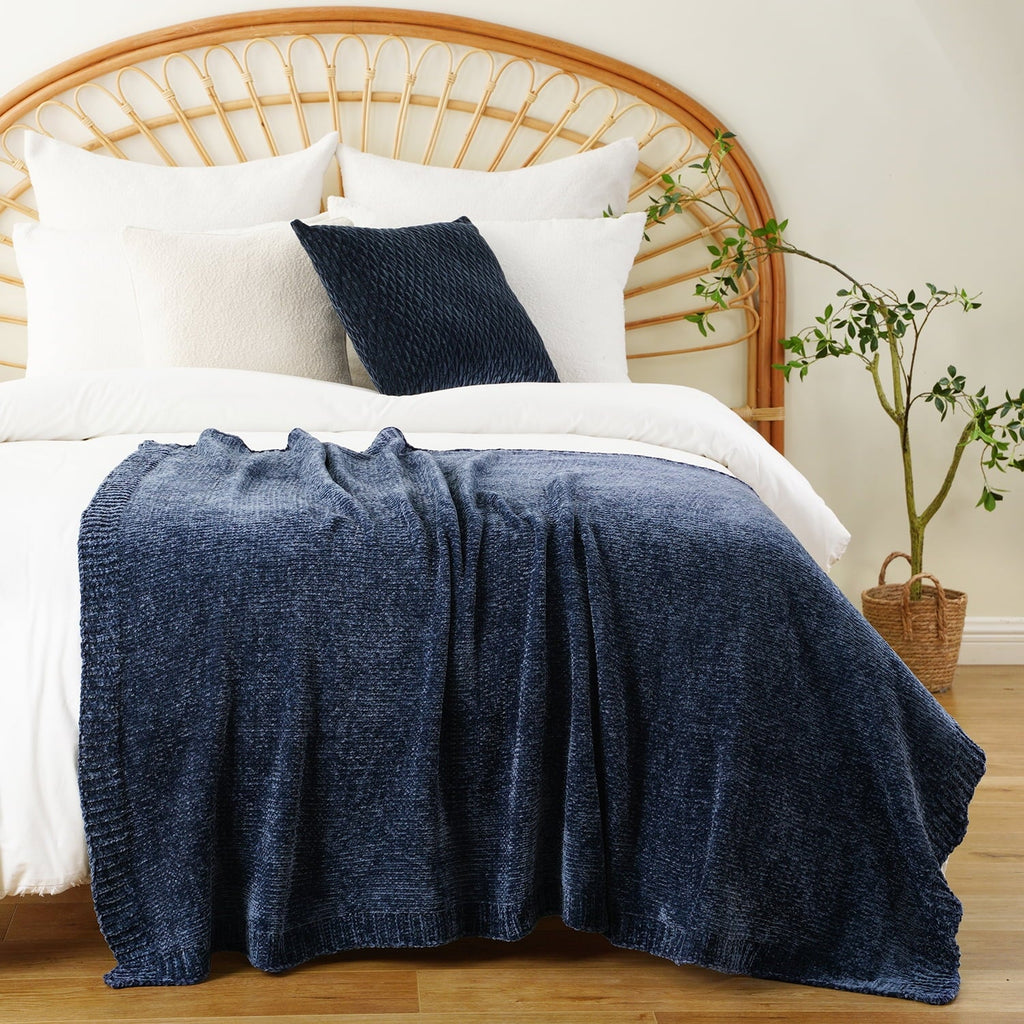 Lightweight Warm Navy Blue Chenille Throw for Couch Bed,Soft Navy Knit Blanket, Housewarming Gifts, 51"x 67" - Super Soft Reversible Sherpa Flannel Blanket Detail