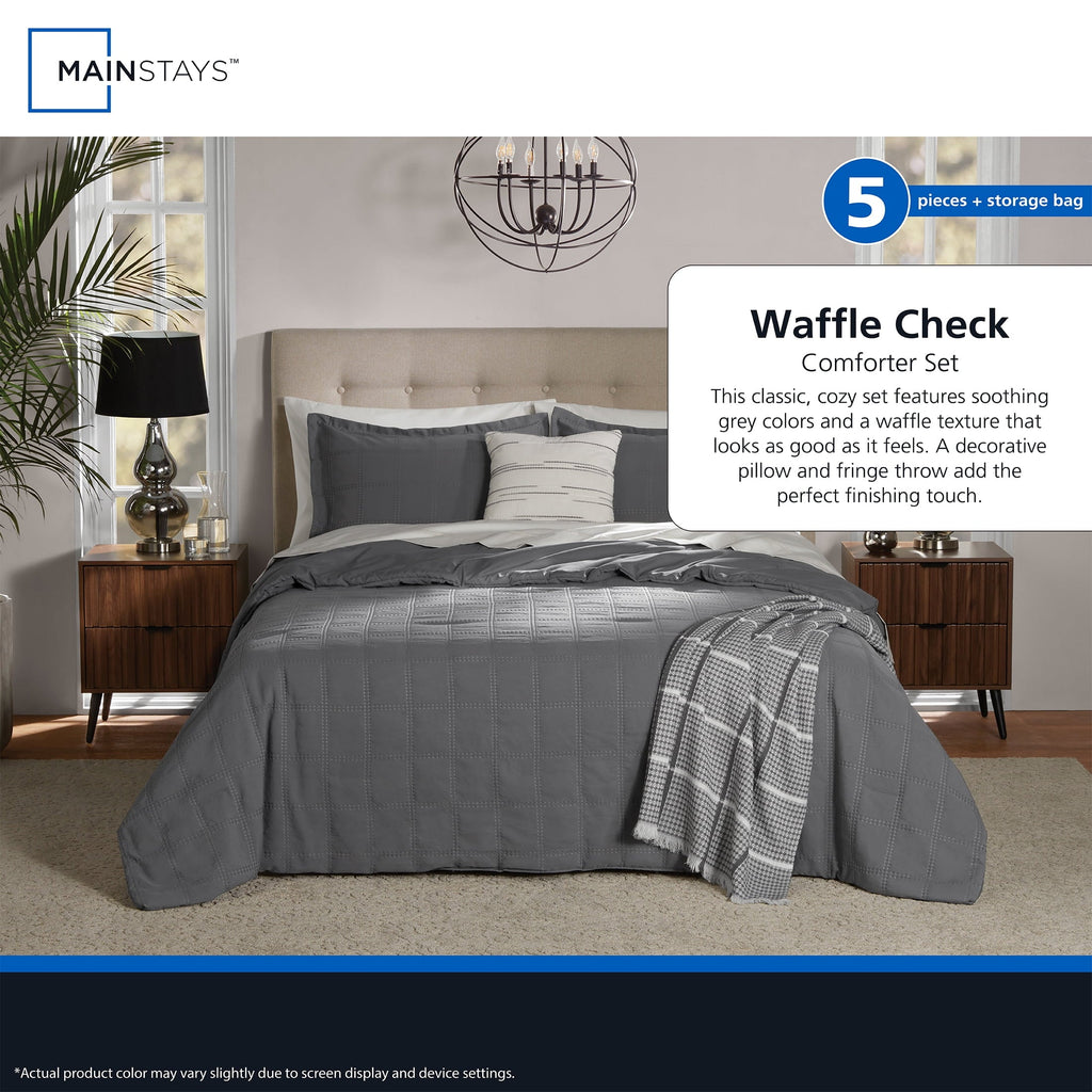 Heavyweight Warmth Full/Queen Comforter Set, All-Season, 5-Piece, Grey Waffle Check - Luxurious Quilted Duvet Cover Set Detail