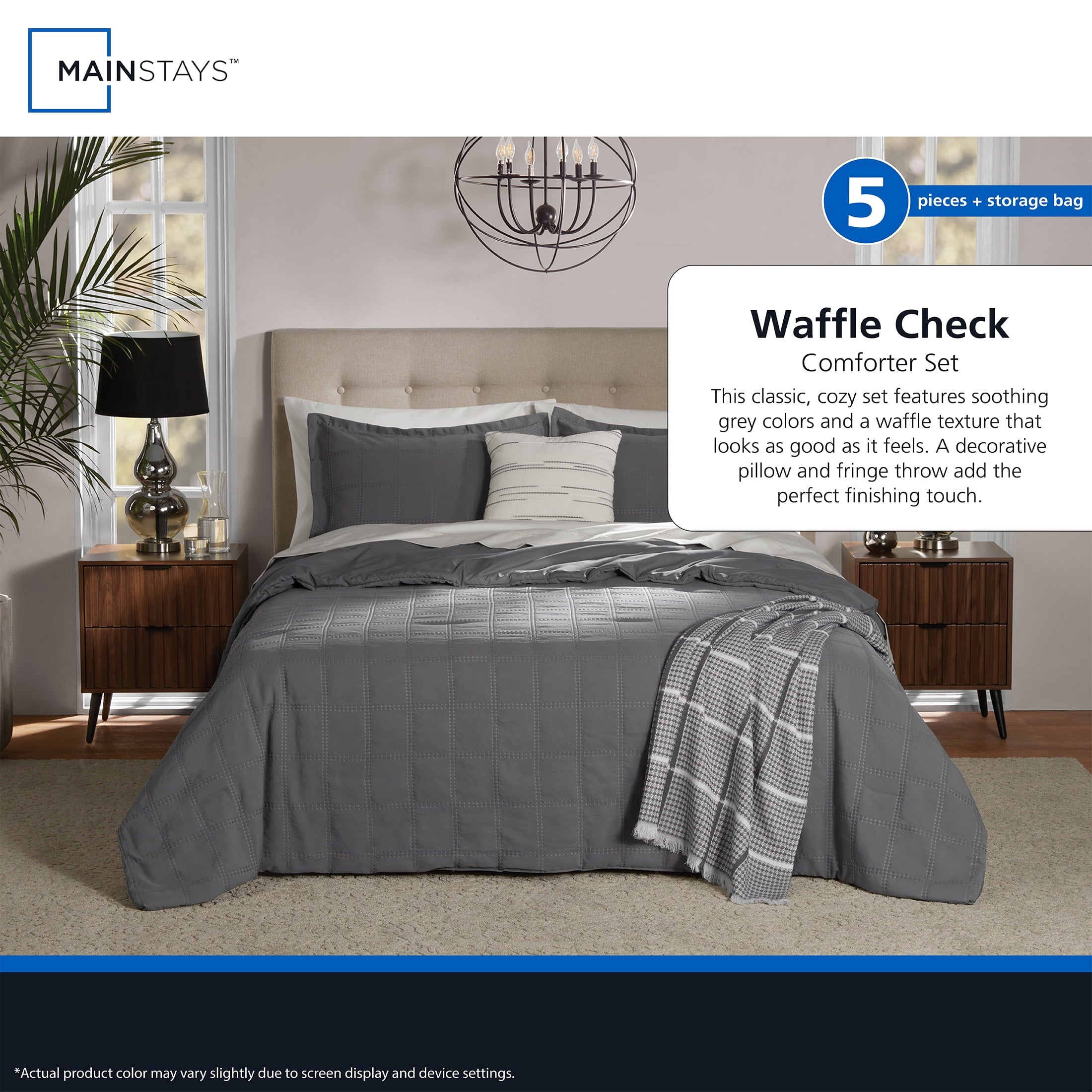 Heavyweight Warmth Full/Queen Comforter Set, All-Season, 5-Piece, Grey Waffle Check - Luxurious Quilted Duvet Cover Set Detail