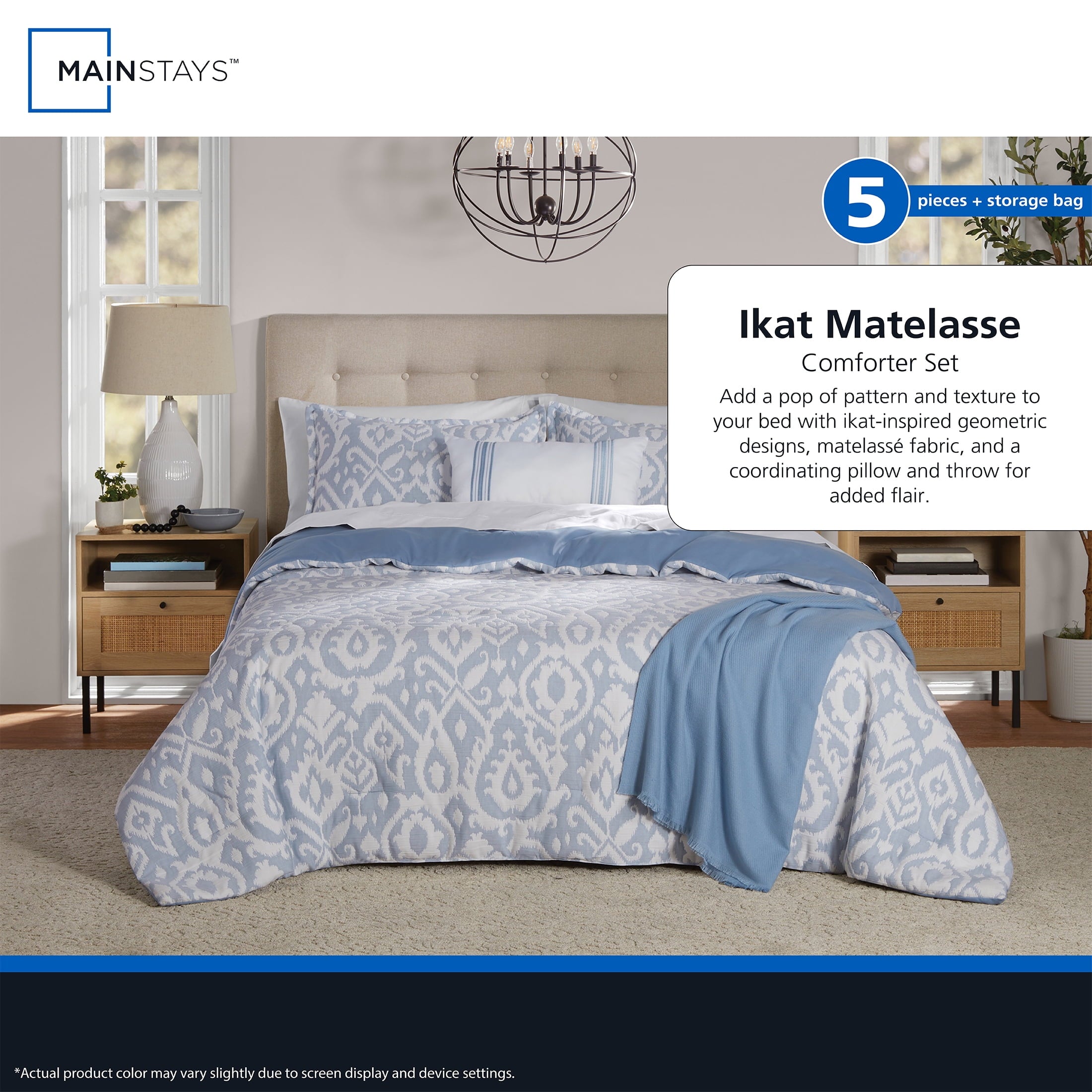 All-Season Full/Queen Comforter Set, All-Season, 5-Piece, Blue Matelasse Ikat - Hypoallergenic Ultra-Fluffy Quilt for Winter Detail