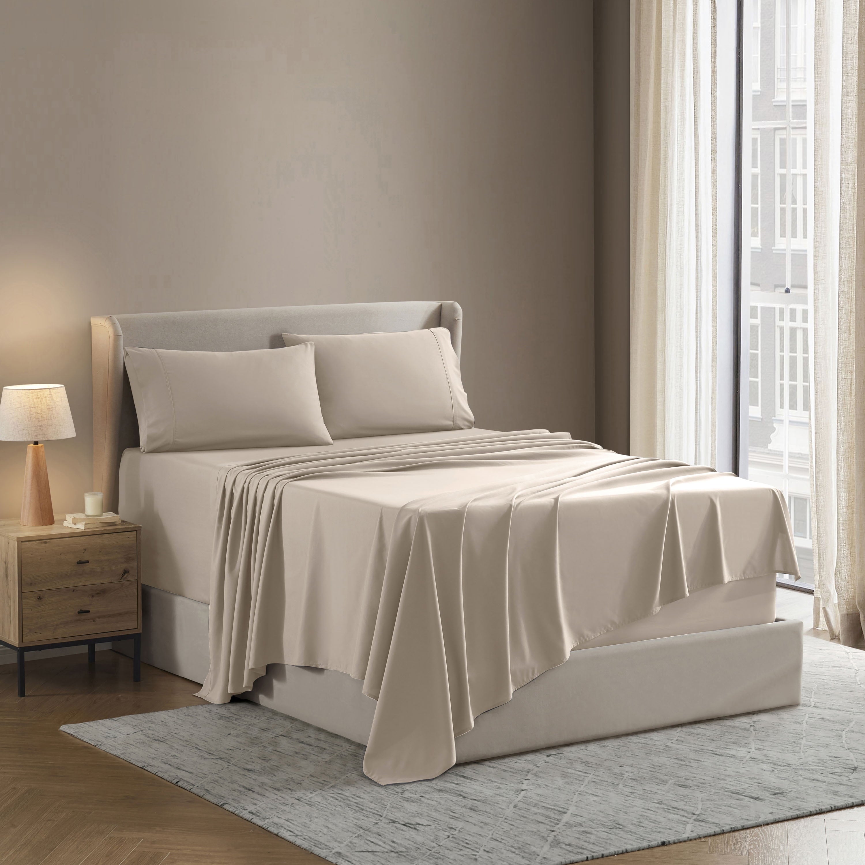 Wrinkle-Resistant King Sheet Sets, 1800 Series Deep Pocket 4 Piece, Luxury Soft Microfiber Bed Sheet Sets, BEIGE CREAM - Cooling Hotel Quality Bedding Sheets and Pillowcases Detail