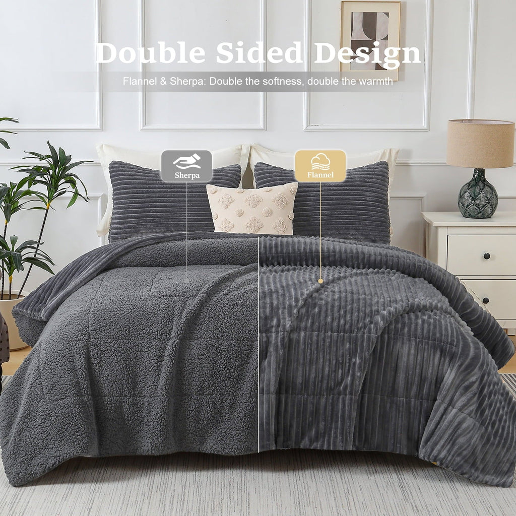 Heavyweight Warmth 3 Piece Fleece Queen Comforter Set - Soft & Warm Fluffy Dark Gray Sherpa Bedding , Fuzzy Heavy Double Sided Design Wi... - Hypoallergenic Ultra-Fluffy Quilt for Winter Detail